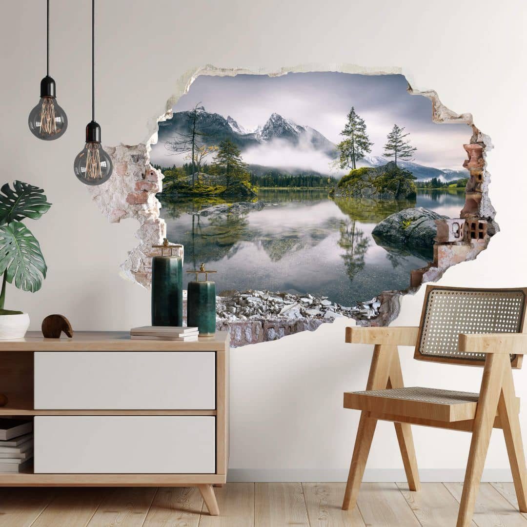 K&L Wall Art Wandtattoo 3D Wandtattoo Hintersee Aufkleber Gebirge Bergsee Wandsticker Nebel, Mauerdurchbruch Wandbild selbstklebend