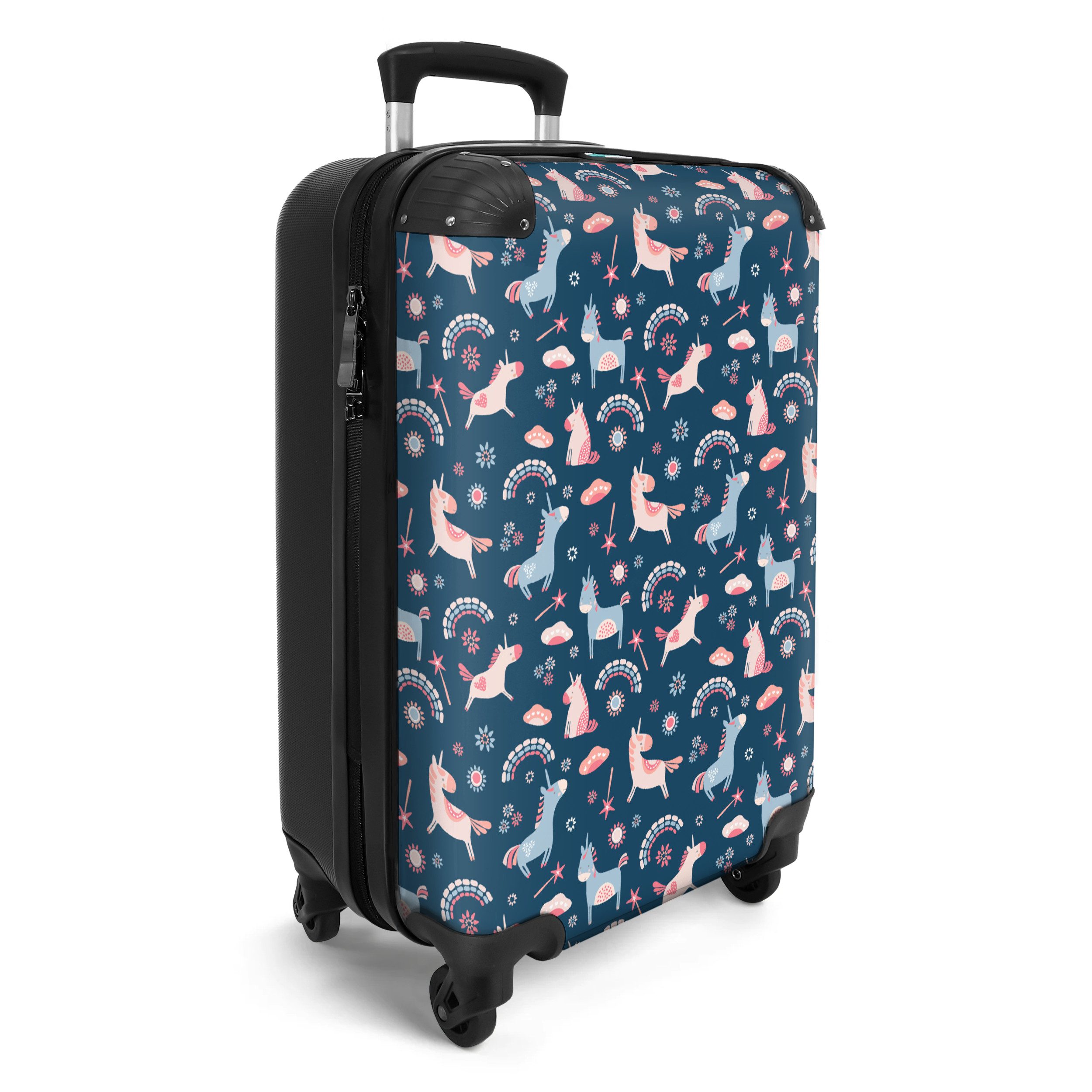 NoBoringSuitcases.com© Kinderkoffer Einhorn - Blumen - Regenbogen - Mädchen - Pastell 55x35x20cm, 4 Rollen, Handgepäck-Koffer, Kinderkoffer, Reisekoffer Mädchen