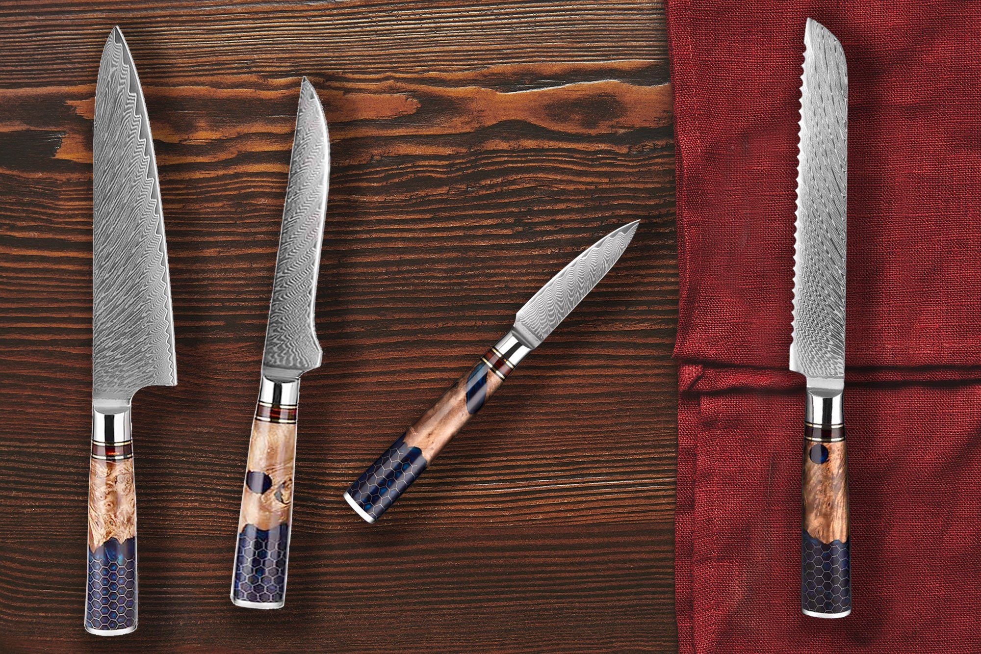 Muxel Damastmesser 4-Teiliges Damast Messer Set. Kochmesser Brotmesser Ausbeinmesser, Jedes Messer ein Unikat