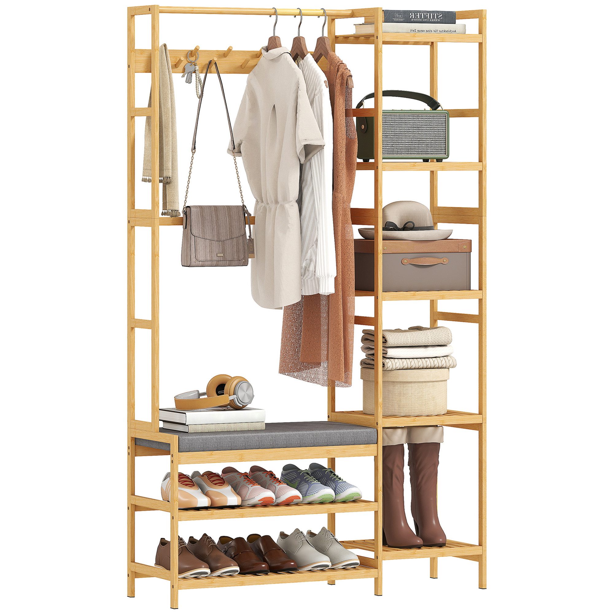 HOMCOM Garderobenständer Schuhbank, gepolstert, mit 2 Ablagen, Kleiderstange, Höhe 175 cm, (Kleiderständer, 1 St., Standgarderobe), für Wohnzimmer, Schlafzimmer, Naturholz