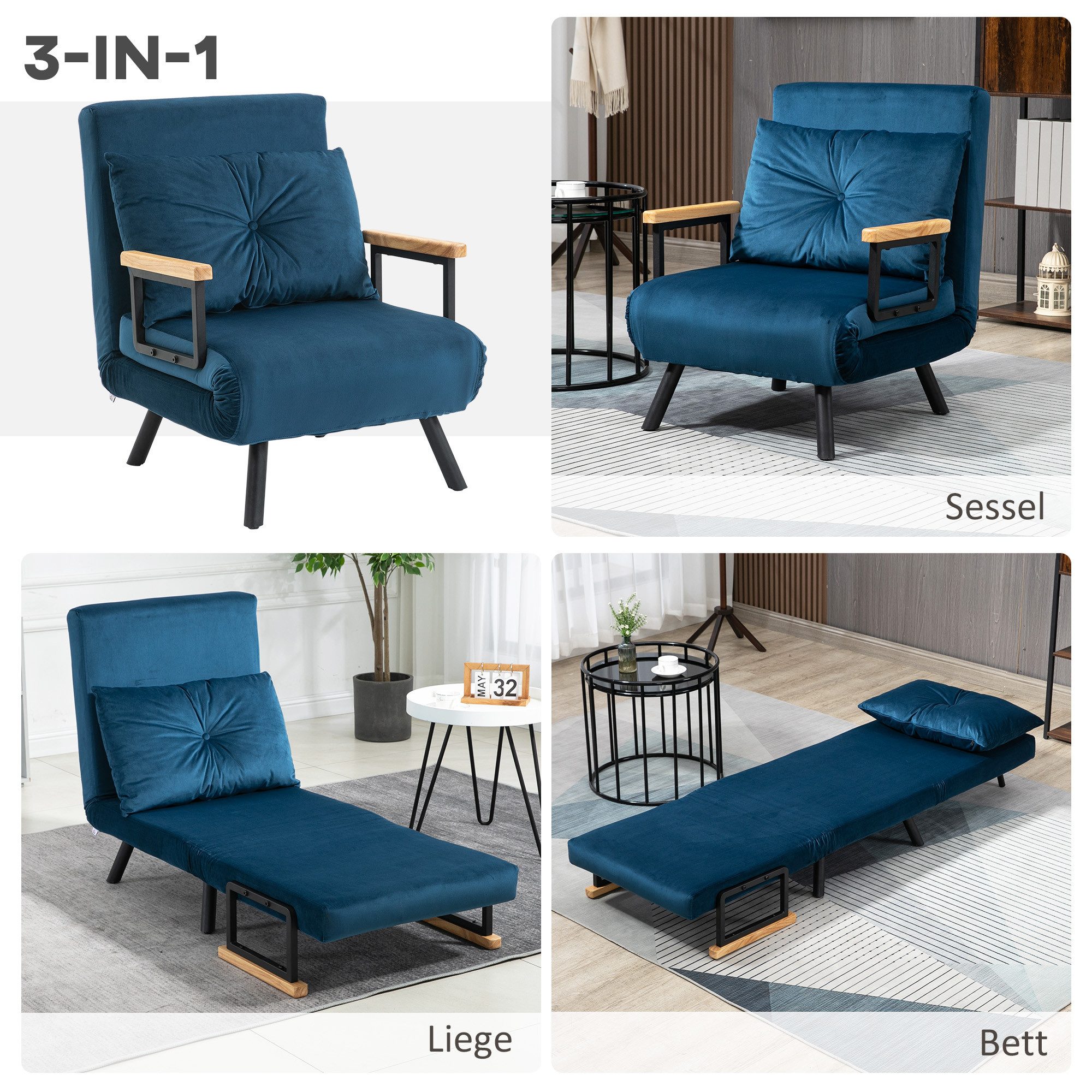 HOMCOM Sessel Gästebett mit Rückenkissen, Polstersofa mit Verstellbarer Rückenlehne (Relaxsessel mit Bettfunktion, 1-St., Schlafsofa), für Schlafzimmer, Wohnzimmer, Blau