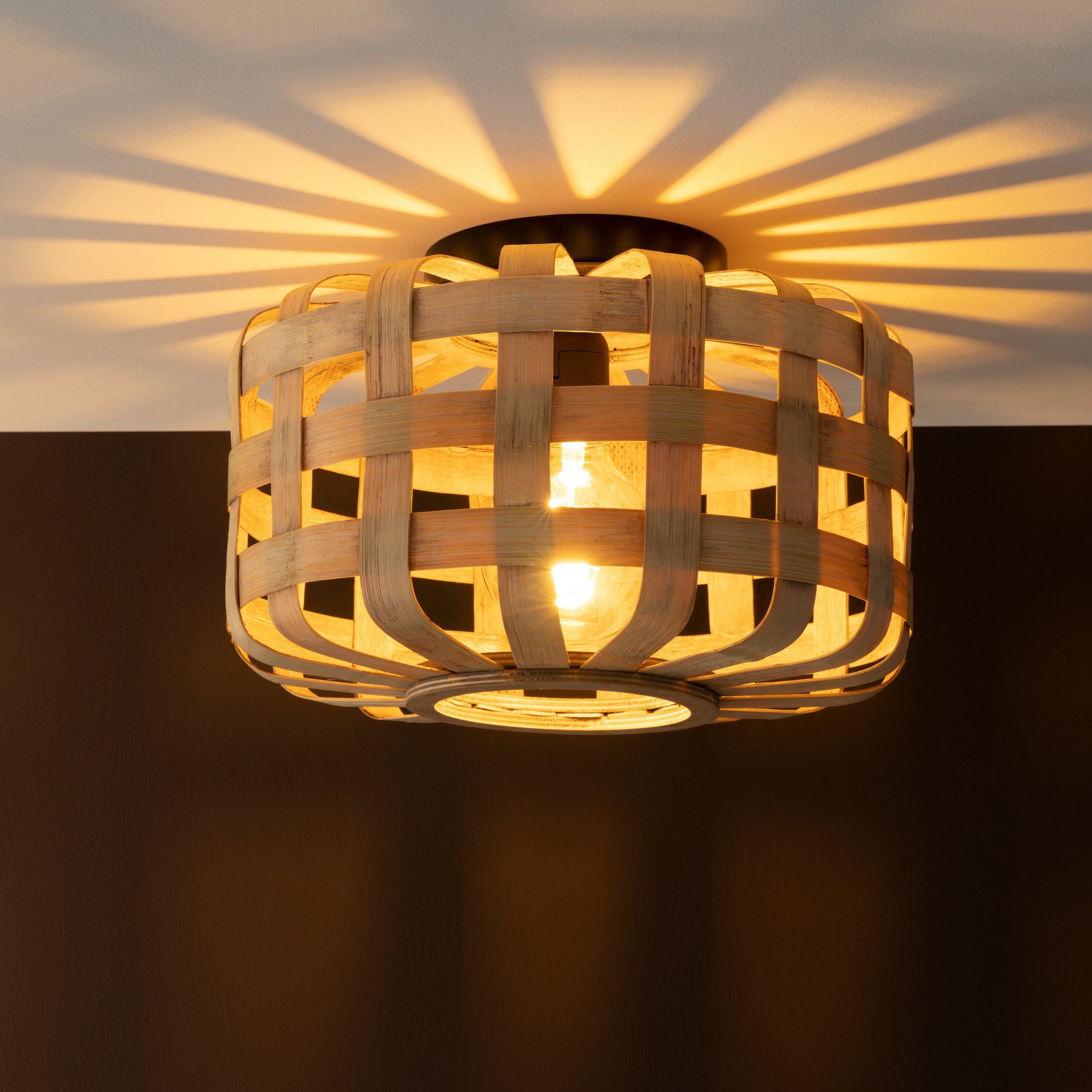 Lightbox Deckenleuchte, ohne Leuchtmittel, Deckenlampe, 25 cm Höhe, Ø 36 cm, E27, max. 60 W, Bambus/Metall