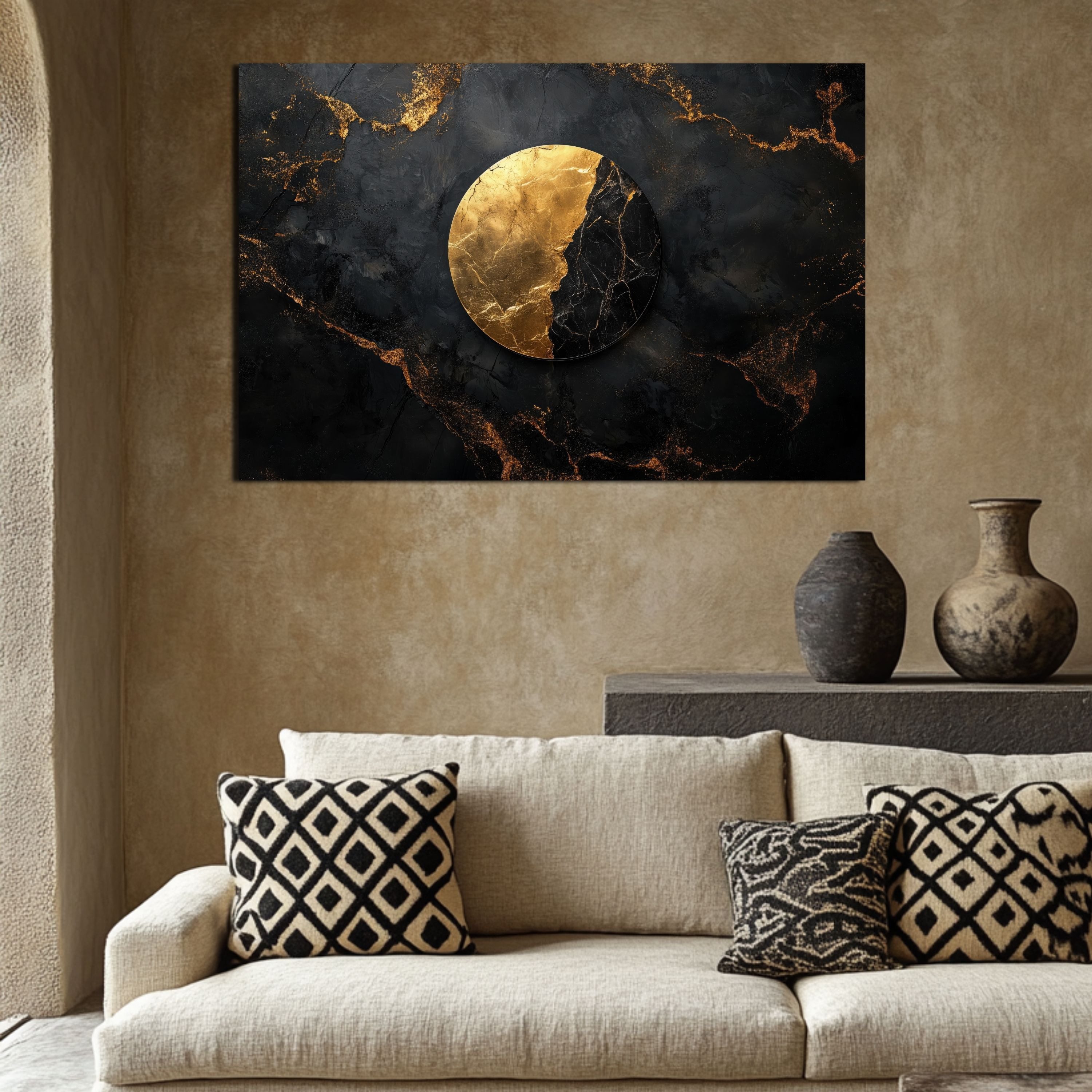DARO Design Leinwandbild Modern Abstrakt Wandbilder XXL Wandbild Wand Deko Leinwand Bilder, (Kugel Schwarz Gold - Bild Groß Wohnzimmer Schlafzimmer Küche Esszim – Bild 5 von 5