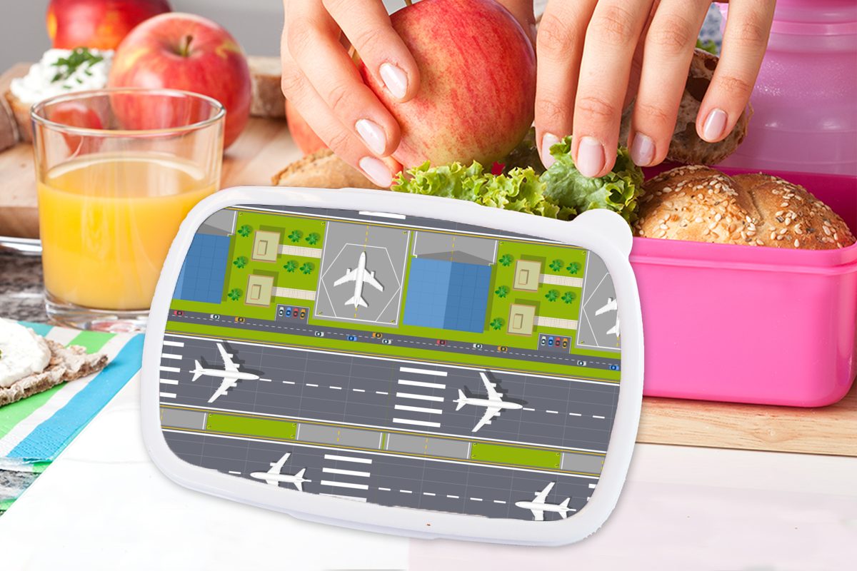 MuchoWow Lunchbox Design - Flughafen Snackbox, Erwachsene, (2-tlg), Kunststoff, Kinder, Mädchen, Flugzeug, rosa Brotbox für - Kunststoff Brotdose