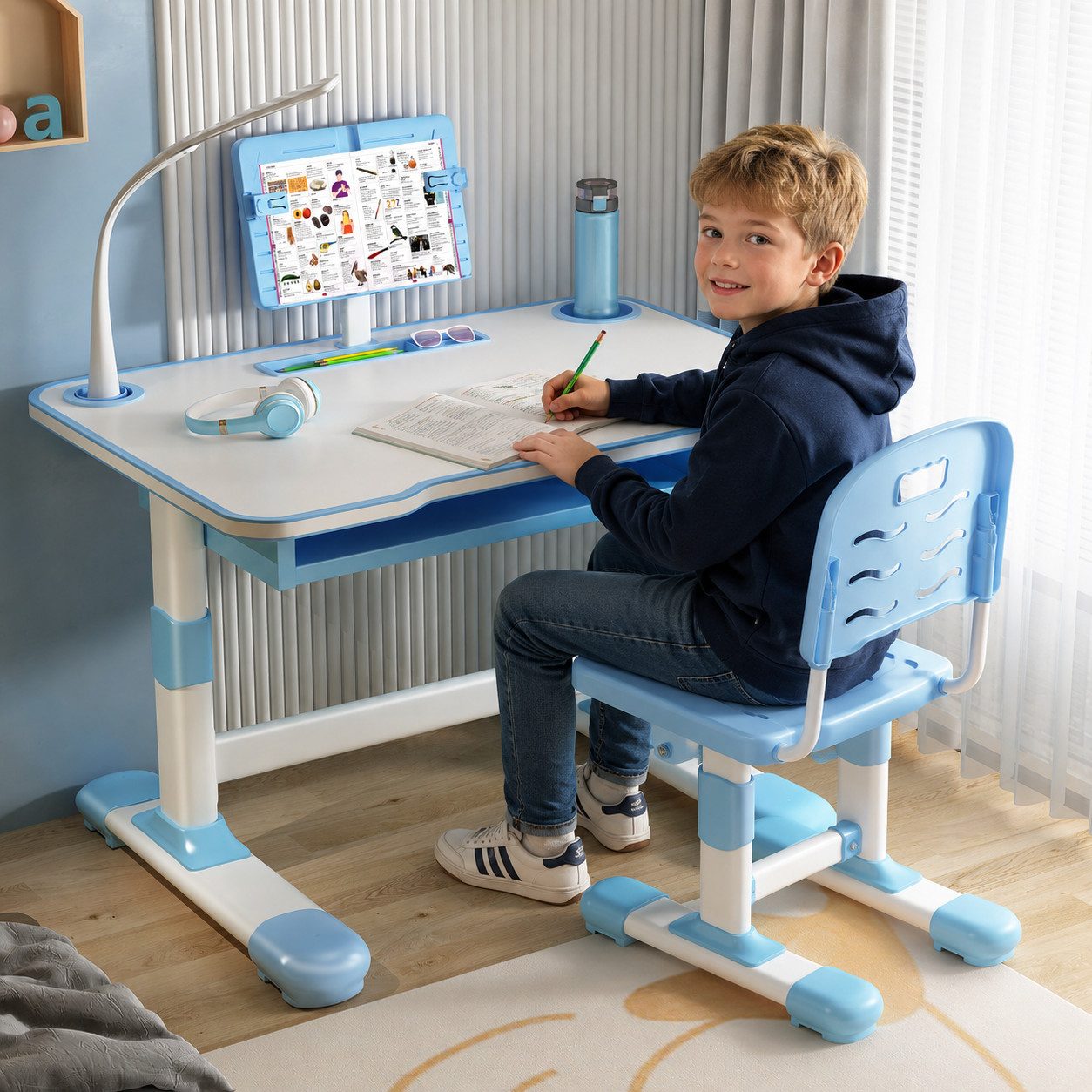 Rutaqian Kinderschreibtisch Kinderschreibtisch höhenverstellbar, Schreibtisch Kinder mit Stuhl (Höhenverstellbarer Ergonomischer Schreibtisch-Stuhl Set), Kinderschreibtisch-Stuhlset mit Tischlampe für Jungs und Mädchen