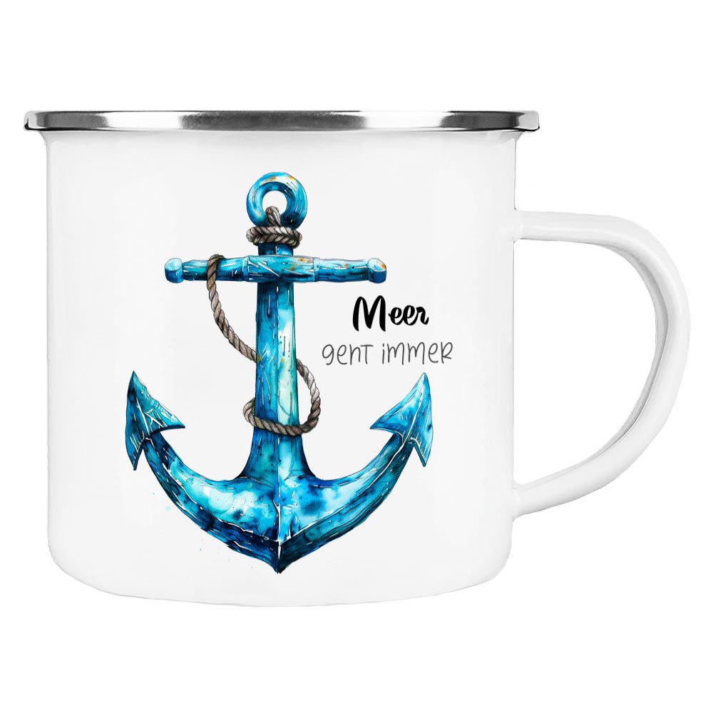 Cadouri Tasse MEER GEHT IMMER Camping Emaille Tasse, Campingtasse, Metall, Campingbecher, Kaffeetasse, Anker, maritim, Geschenk, 300 ml