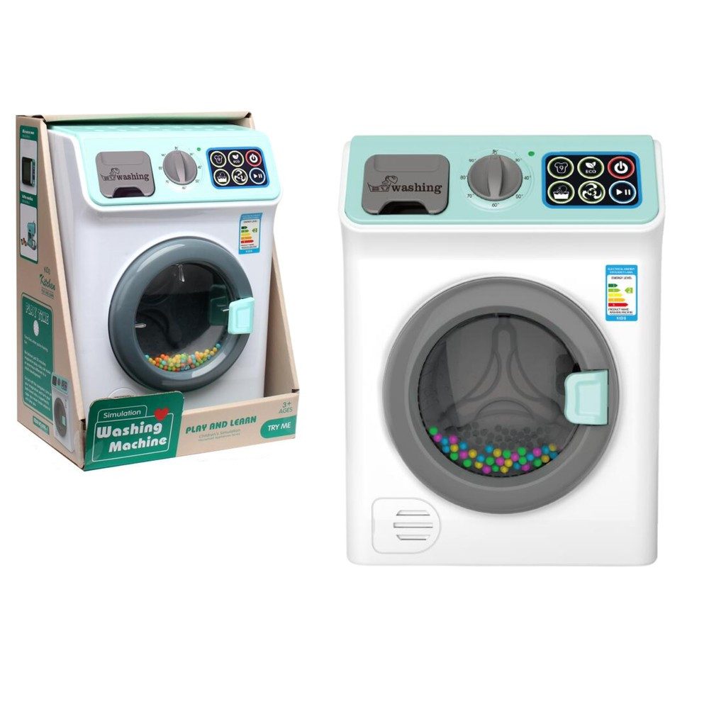 LEAN TOYS Kinder-Waschmaschine Spielzeugwaschmaschine Kinderhaushaltsgerät Rollenspielzeug, (Spar-Set, 1-tlg., 18 x 13 x 15 cm sicher), Waschgeräusche, drehbare Trommel, bunte Bälle