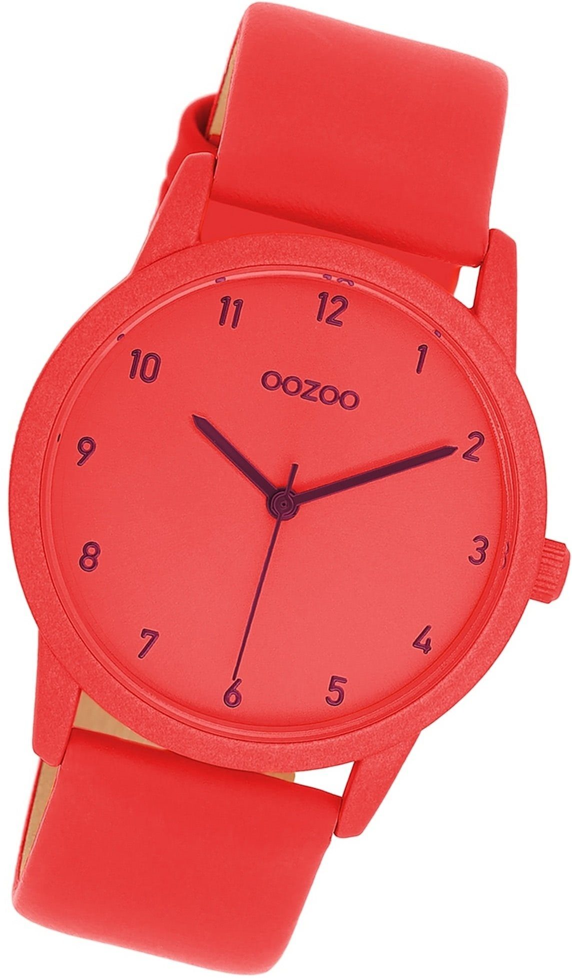 OOZOO Quarzuhr Oozoo Damen Armbanduhr Timepieces, Damenuhr Lederarmband rot, rundes Gehäuse, mittel (ca. 38mm)