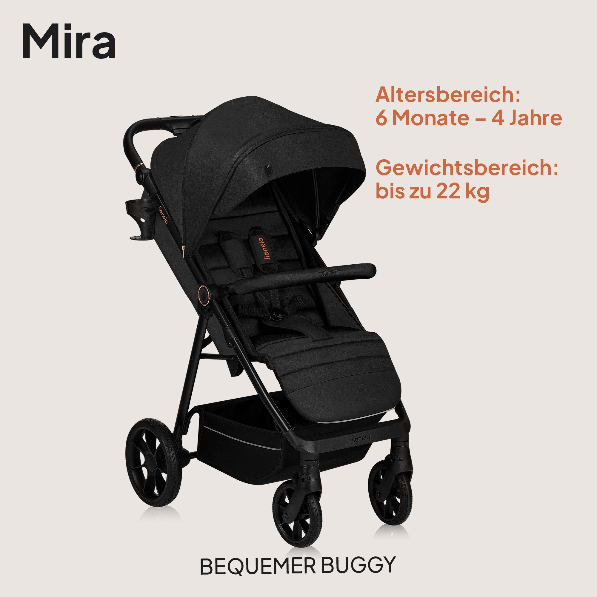 lionelo Kinder-Buggy MIRA, (Set mit Getränkehalter und Moskitonetz), XXL-Verdeck/UPF50+/92 cm Liegefläche/großer Korb/PU-Räder