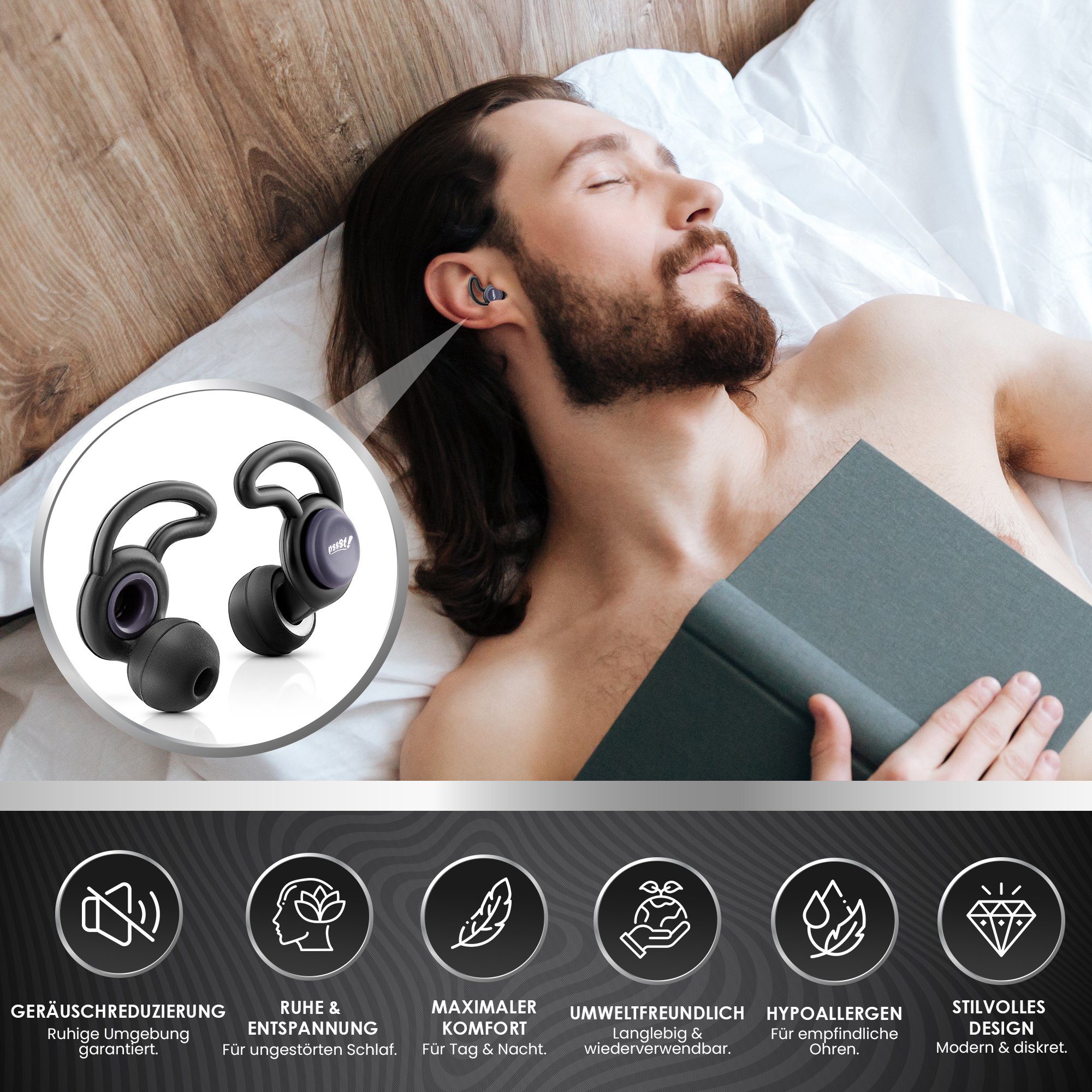 Pssst! Gehörschutzstöpsel Silikon Ohrstöpsel zum schlafen, Weicher & Bequemer Gehörschutz, mehr Fokus, besser schlafen mit einer Geräuschreduzierung bis 40db