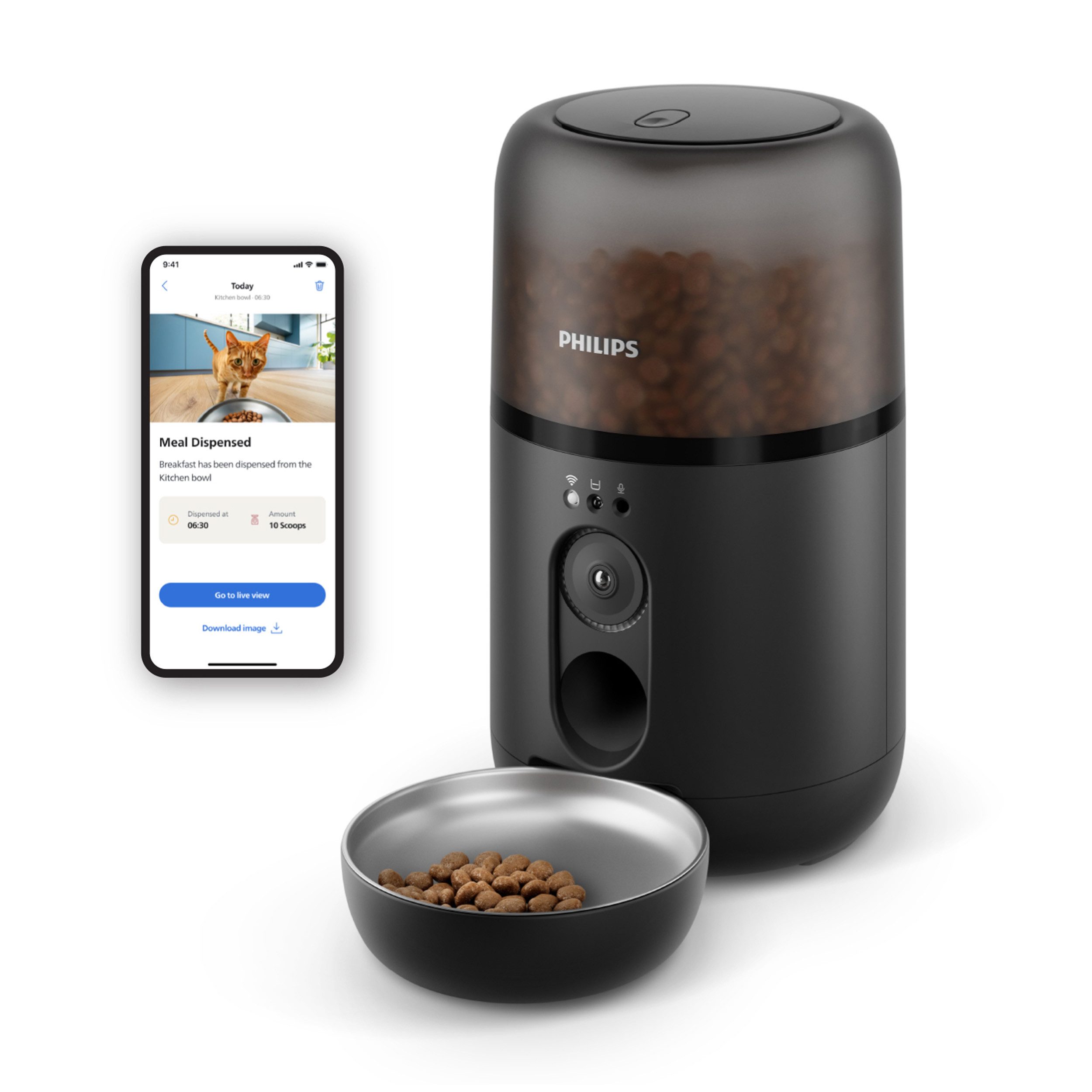 Philips Futterautomat PAW5320/02 Pet Series, mit Kamera, 4,5l, für Katzen und kleine Hunde, Nachfüll-Benachrichtigung, Anti-Verstopf-Technologie u. App-Anbindung von Philips