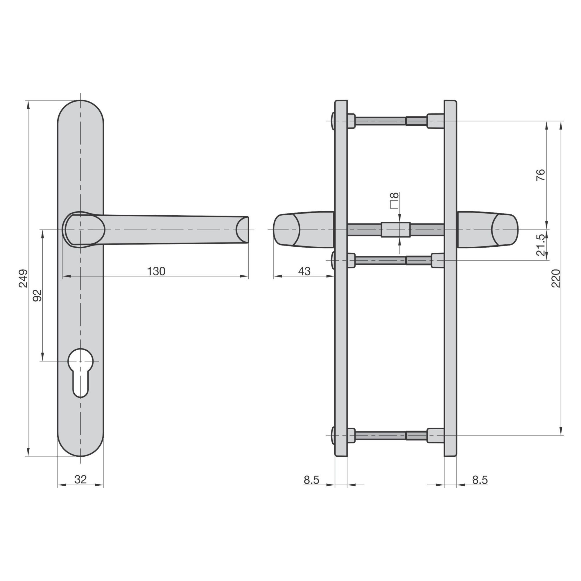 BASI Türbeschlag Schmalrahmen-Garnitur PZ 92/8 mm, AluTürbeschlag (Packung), Weiß, für 45-82 mm Türstärke, rundes Langschild, PZ-Lochung
