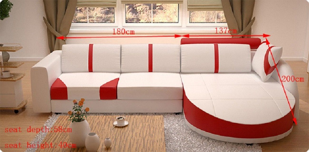 JVmoebel Garnitur L Ecksofa Ecksofa, Eckcouch Weiß/Rot Eckgarnitur Couch Form Sofa Polster