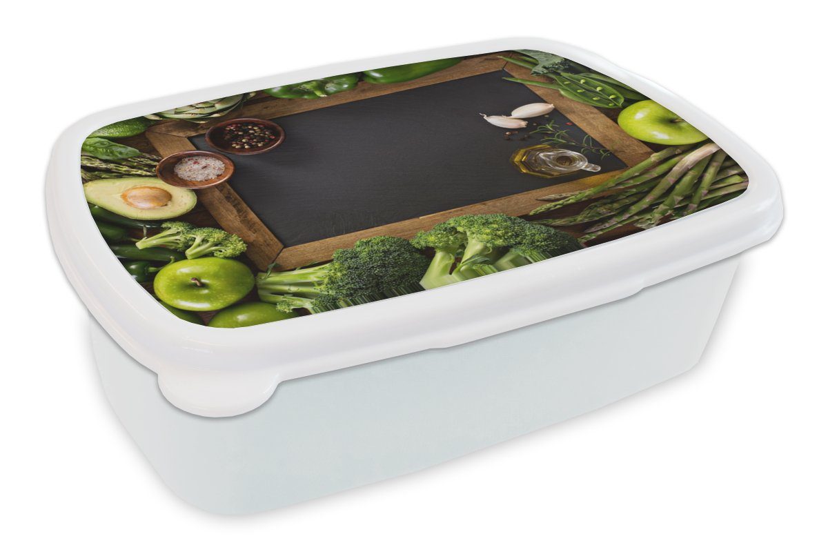 MuchoWow Lunchbox Obst - Kreidetafel - Gemüse, Kunststoff, (2-tlg), Brotbox für Kinder und Erwachsene, Brotdose, für Jungs und Mädchen weiß