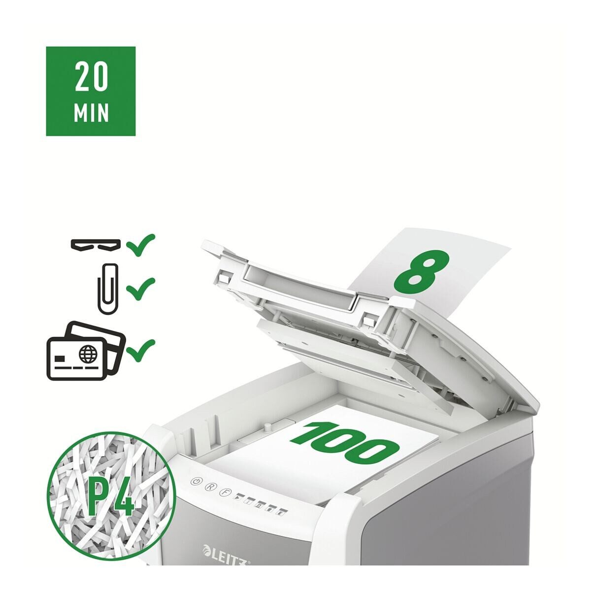 LEITZ Aktenvernichter Small Office 100, Partikelschnitt 4x28 mm, Einzelblatt-Einzug / Autofeed, 34 Liter