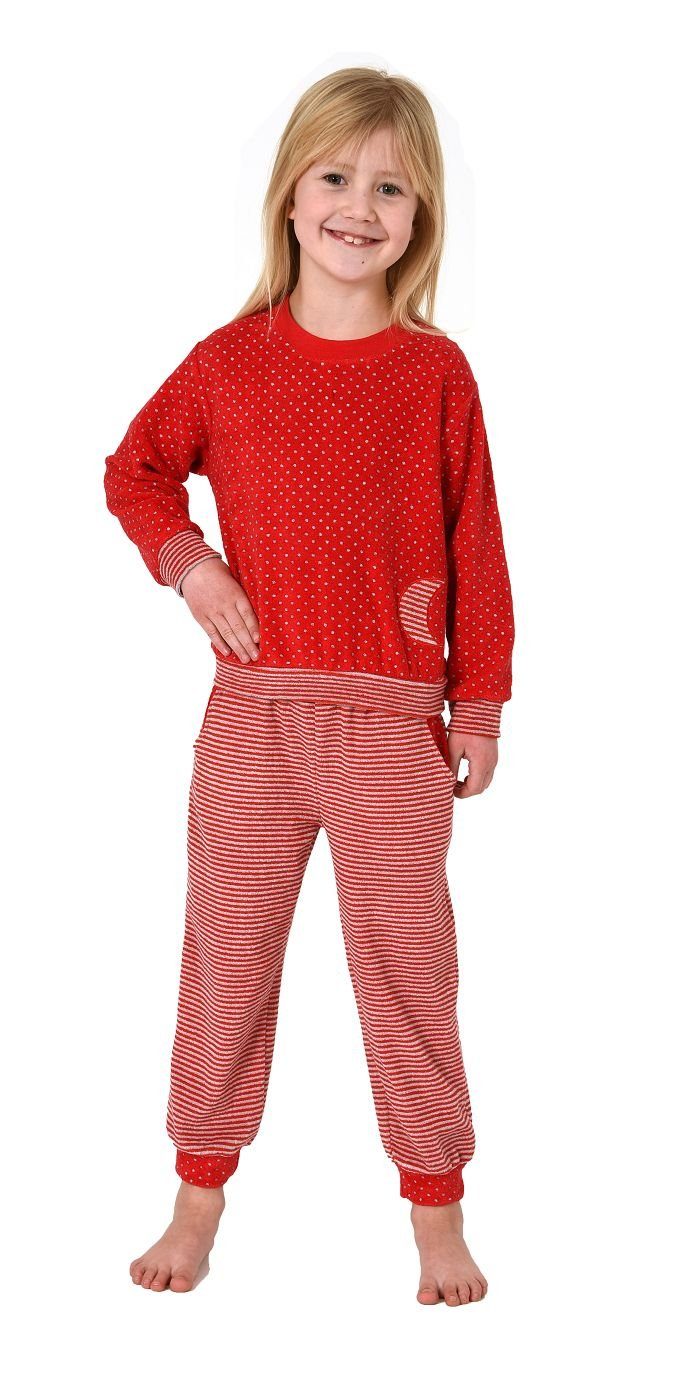 Pyjama warmer Schlafanzug Mädchen Pyjama in Normann Frottee Bündchen, Allover mit Ringeloptik