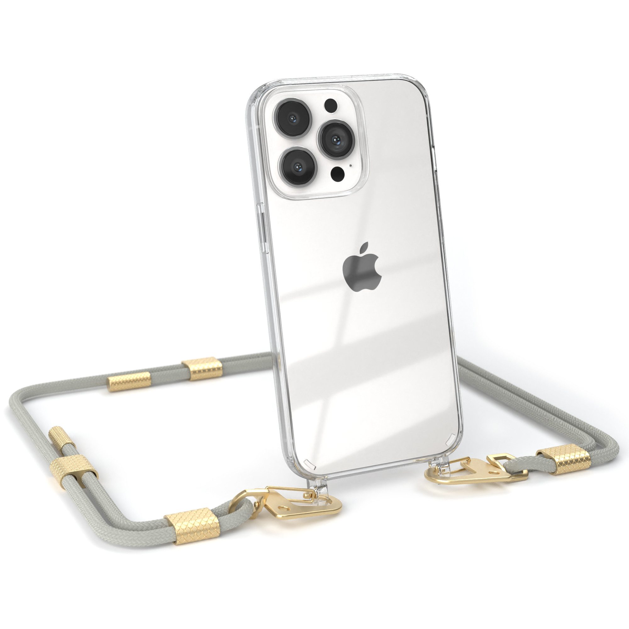 EAZY CASE Handykette Silikonhülle mit Kette für Apple iPhone 13 Pro 6,1 Zoll, Schutzhülle zum Umhängen Handyhülle mit Umhängeband Schwarz Grau Taupe