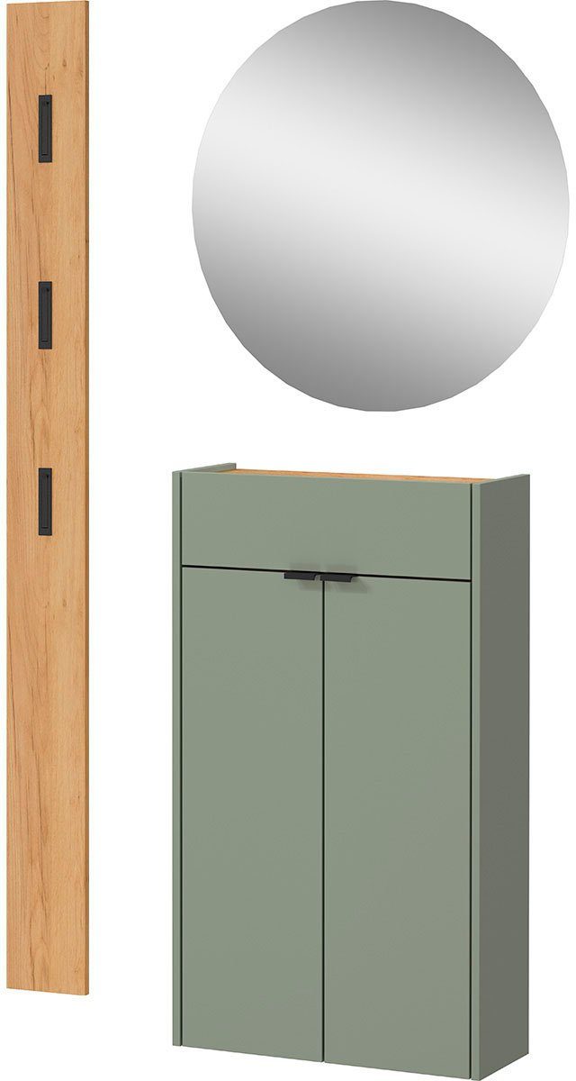 (Set, Spiegel Mehrzweckschrank, 3-St), Garderoben-Set und Ameca, Tiefe geringe grün mit Garderobenpaneel, GERMANIA