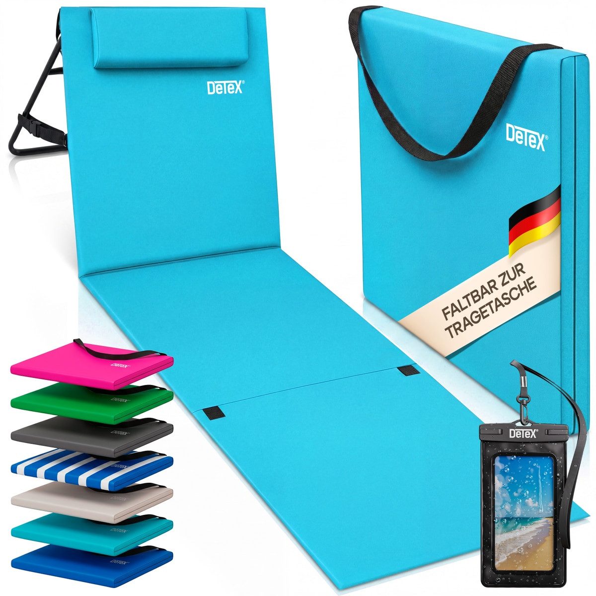 Detex Gartenliege, Strandmatte Gepolstert mit Rückenlehne Strandliege Klappbar Tragbar