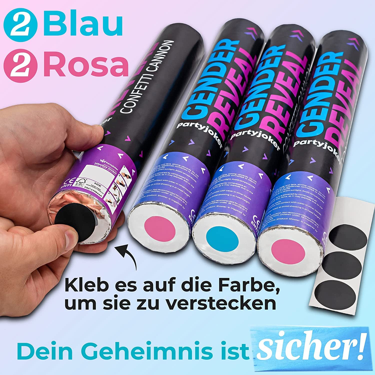 Praknu Konfetti Gender Reveal Konfetti Kanone - 2 Rosa & 2 Blau - Biologisch, Biologisch Abbaubares FSC Konfetti, Einfach & Sicher zu Bedienen