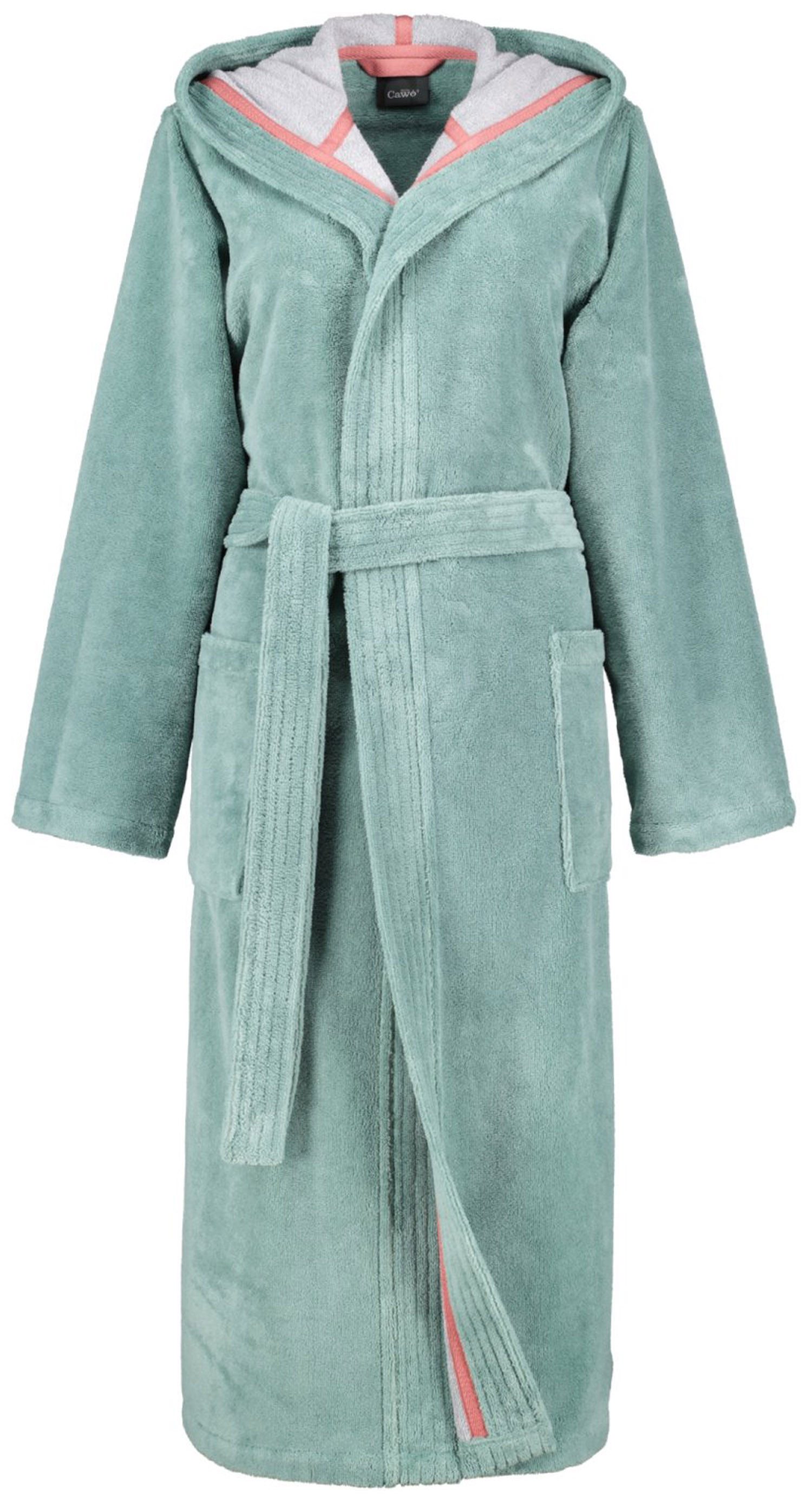 Cawö Damenbademantel Velours Damen Bademantel, Midi, Baumwollmischung, Kapuze, Gürtel, mit Kapuze