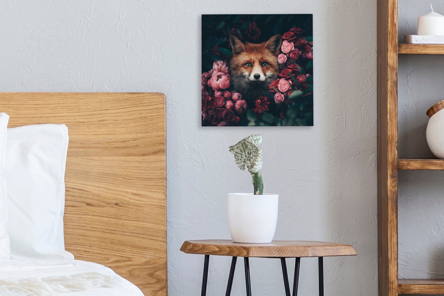 OneMillionCanvasses® Tiere, Blumen Leinwandbild - Leinwand Schlafzimmer Wohnzimmer für bunt Fuchs (1 - St), Bilder