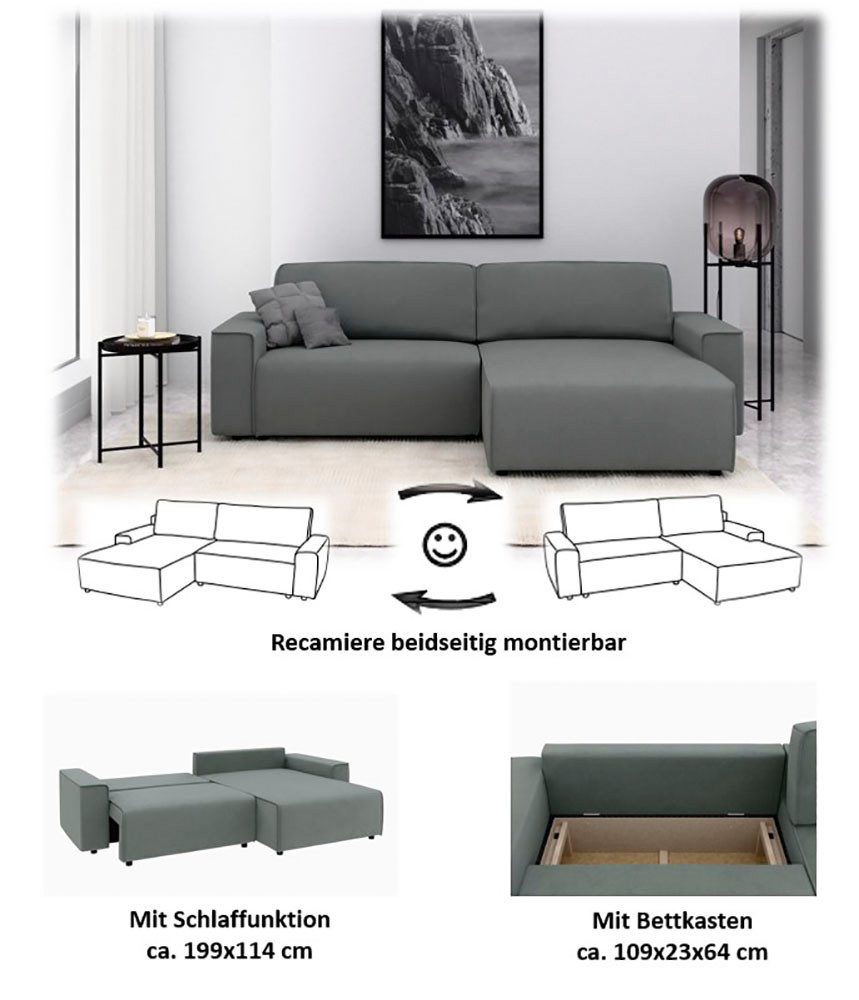 Home affaire Ecksofa Chance, Recamiere beidseitig montierbar, Schlaffunktion, Breite 265 cm, in Struktur fein LINO, mit Schlaffunktion und Bettkasten