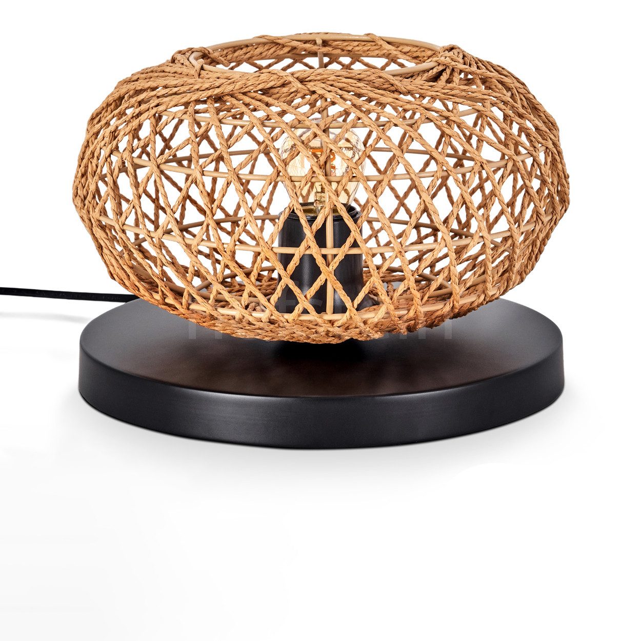 Tischleuchte moderne Boho Tischlampe aus Metall/Rattan in Schwarz/Natur
