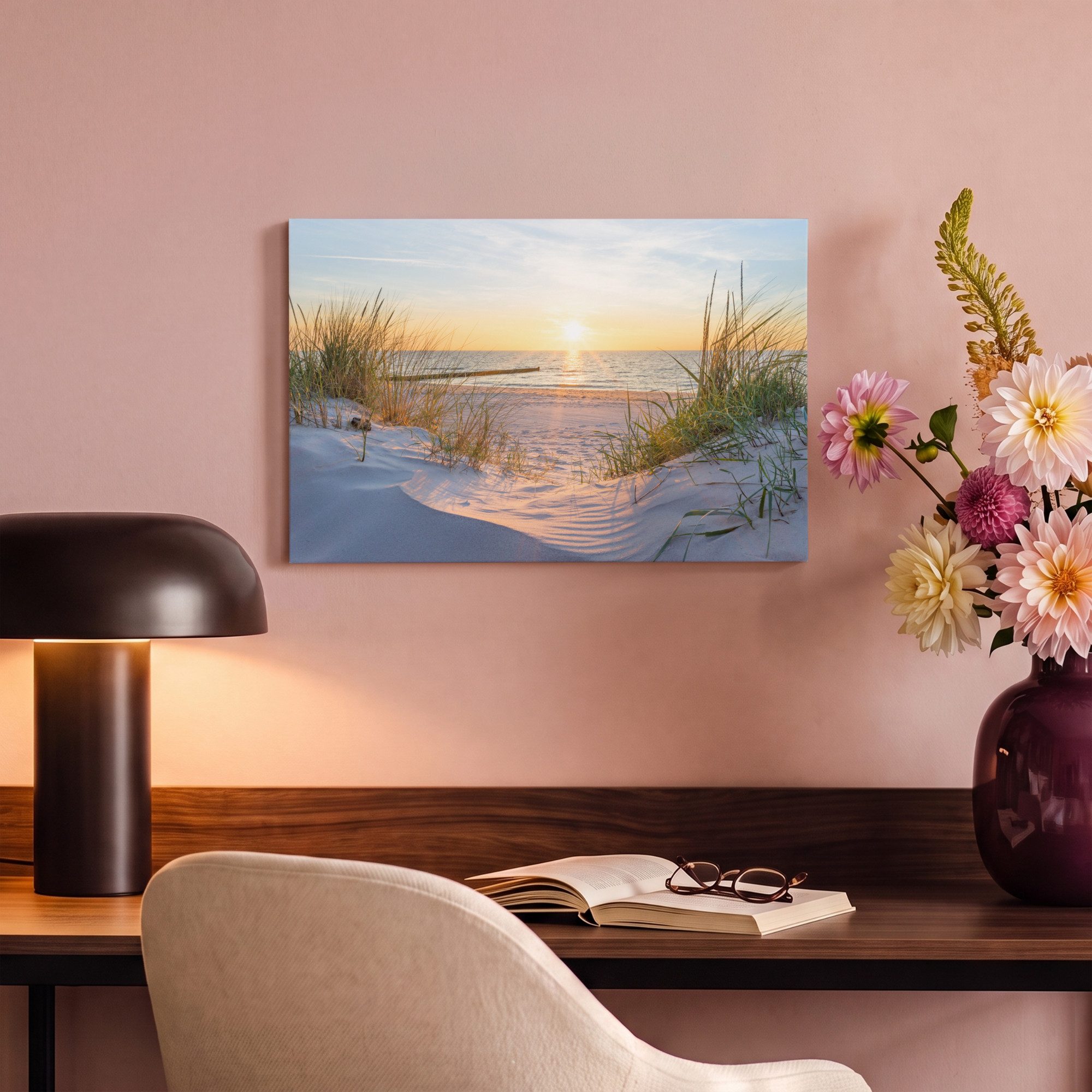OneMillionCanvasses® Leinwandbild Strand - Sonne - Düne - Gras - Sand - Horizont, Fotodruck (1 St), Leinwand Bilder Klein, Wand Dekoration Aesthetic 30x20 cm – Bild 4 von 5