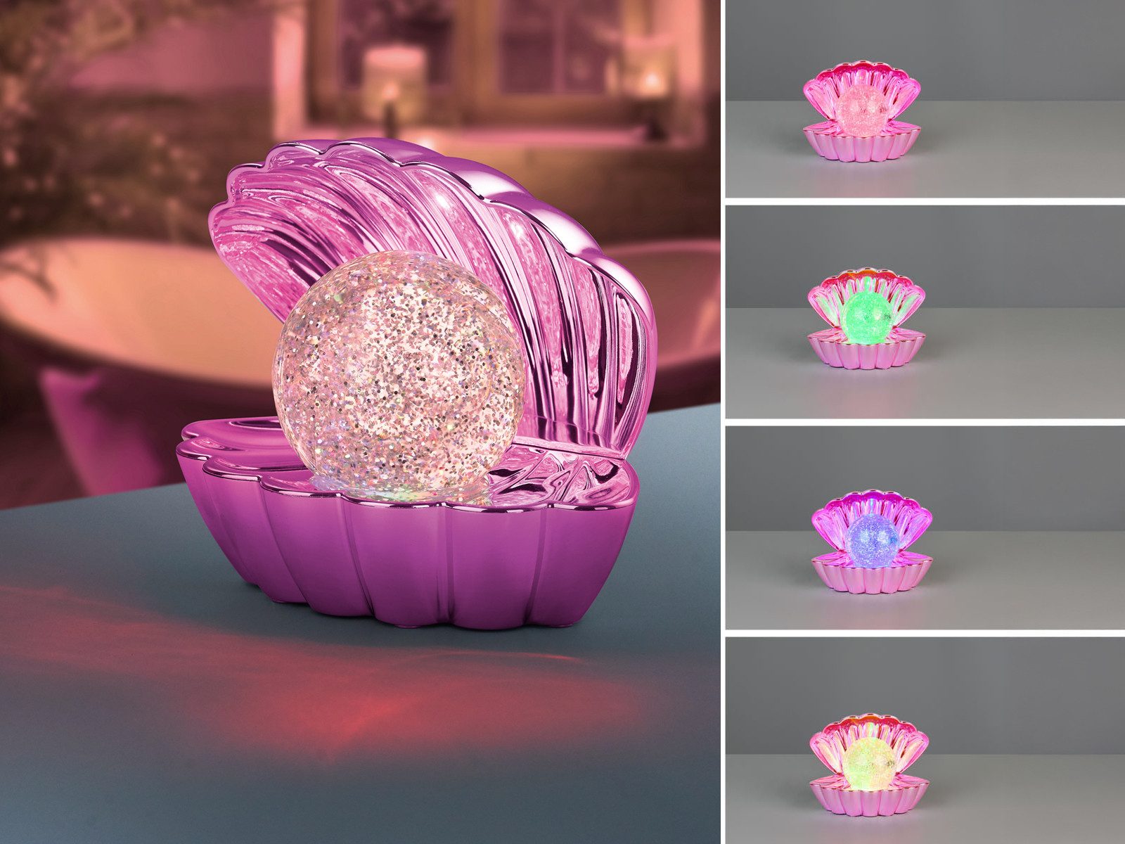 Reality Leuchten USB-Tischleuchte Muschel-Lampe RGB & Glitzerkugel, H 14cm, ausgefallene klein-e Tischlampe, Deko-Leuchte mit Batterie-Betrieb
