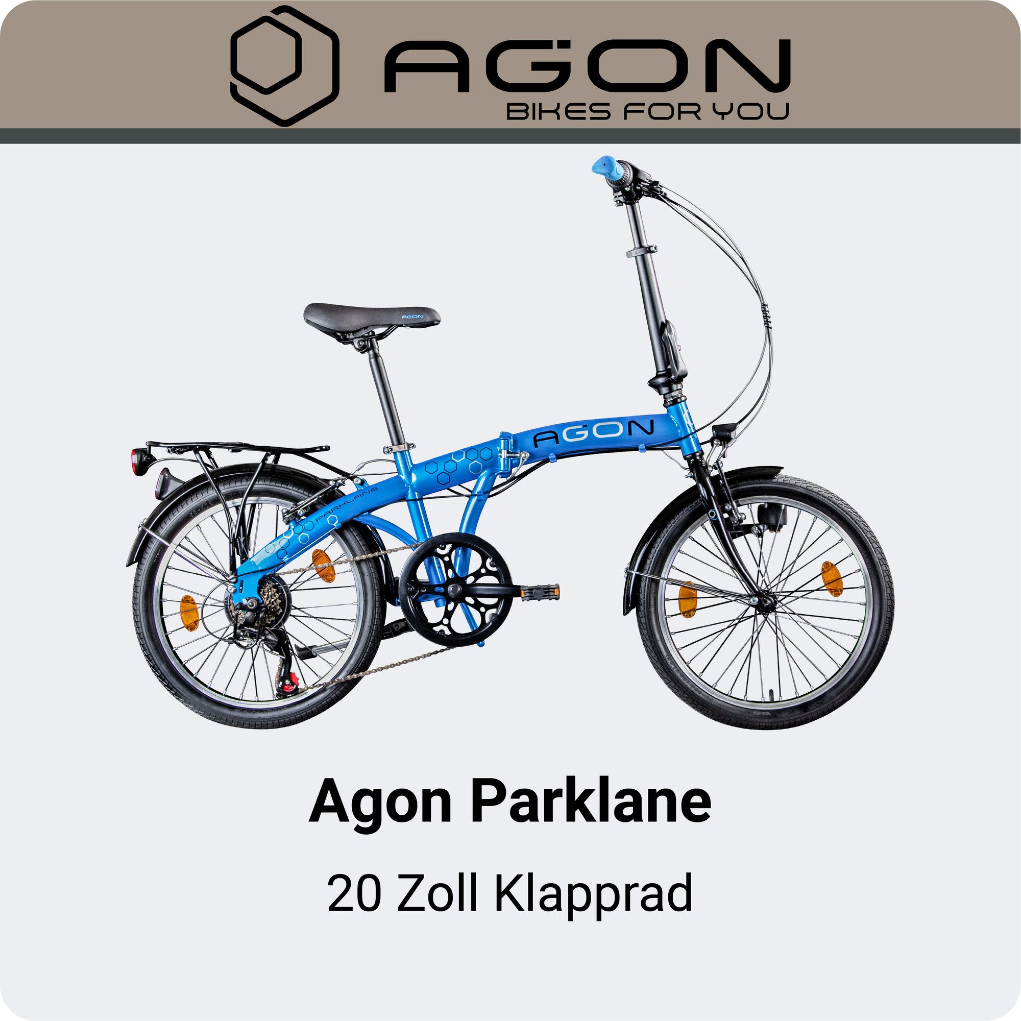 agon® Faltrad Parklane, 6 Gang Shimano Tourney SIS Schaltwerk, Kettenschaltung, 20 Zoll Klapprad 150 - 185 cm mit StVZO Licht Faltrad City Urban Bike