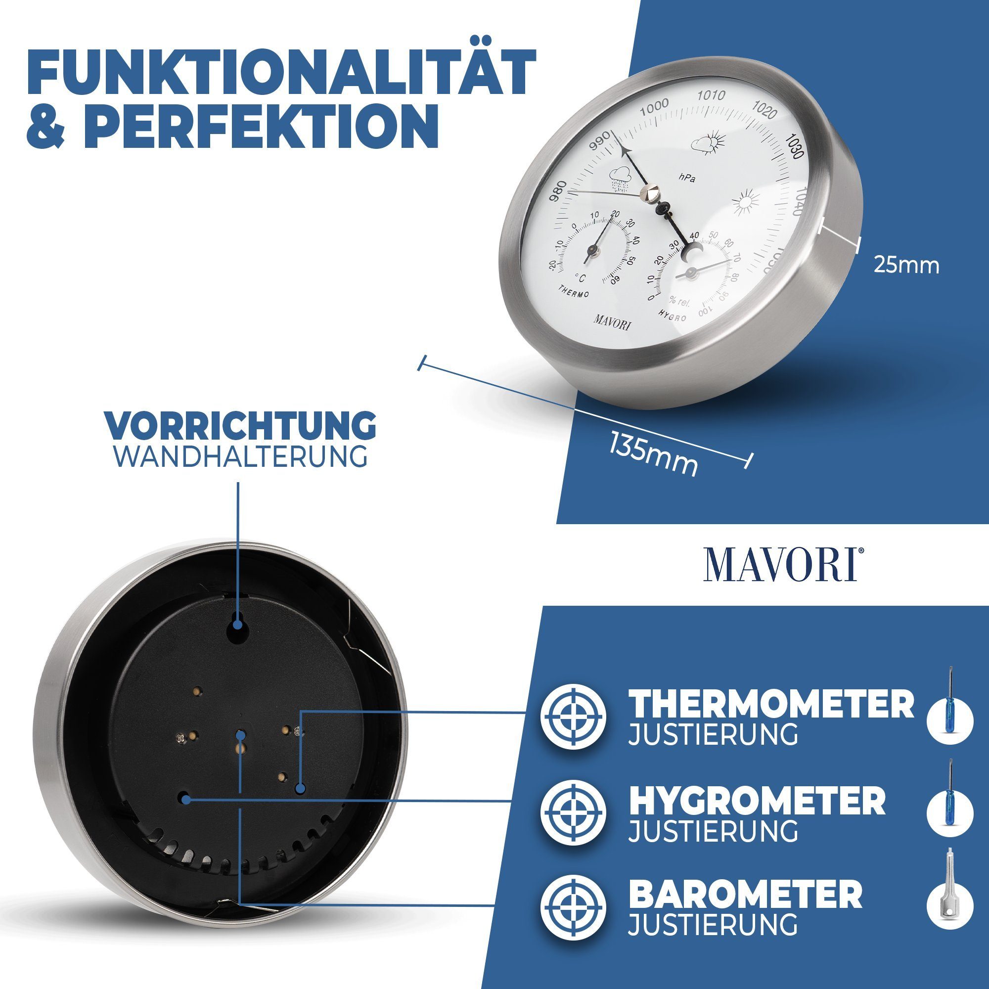 MAVORI analoge Wetterstation - 3in1 Barometer, Hygrometer & Thermometer Wetterstation (inkl. Befestigungsmaterial für Wandmontage, mechanische Messung - ohne Batterie oder flüssige Substanzen)