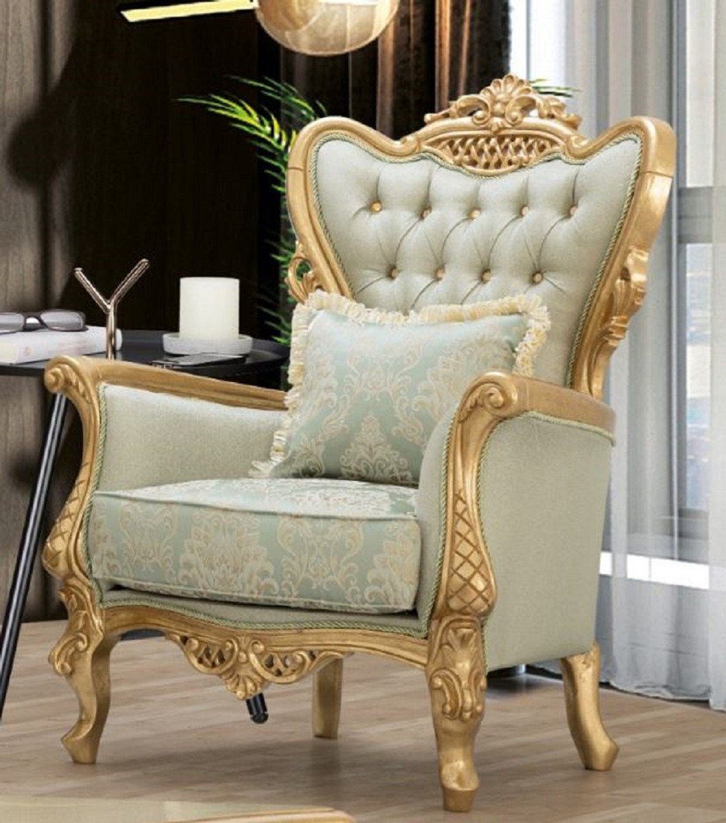 Casa Padrino Sessel Luxus Barock Sessel Hellgrün / Gold - Handgefertigter Wohnzimmer Sessel mit elegantem Muster und Glitzersteinen - Barock Wohnzimmer Möbel - Edel & Prunkvoll