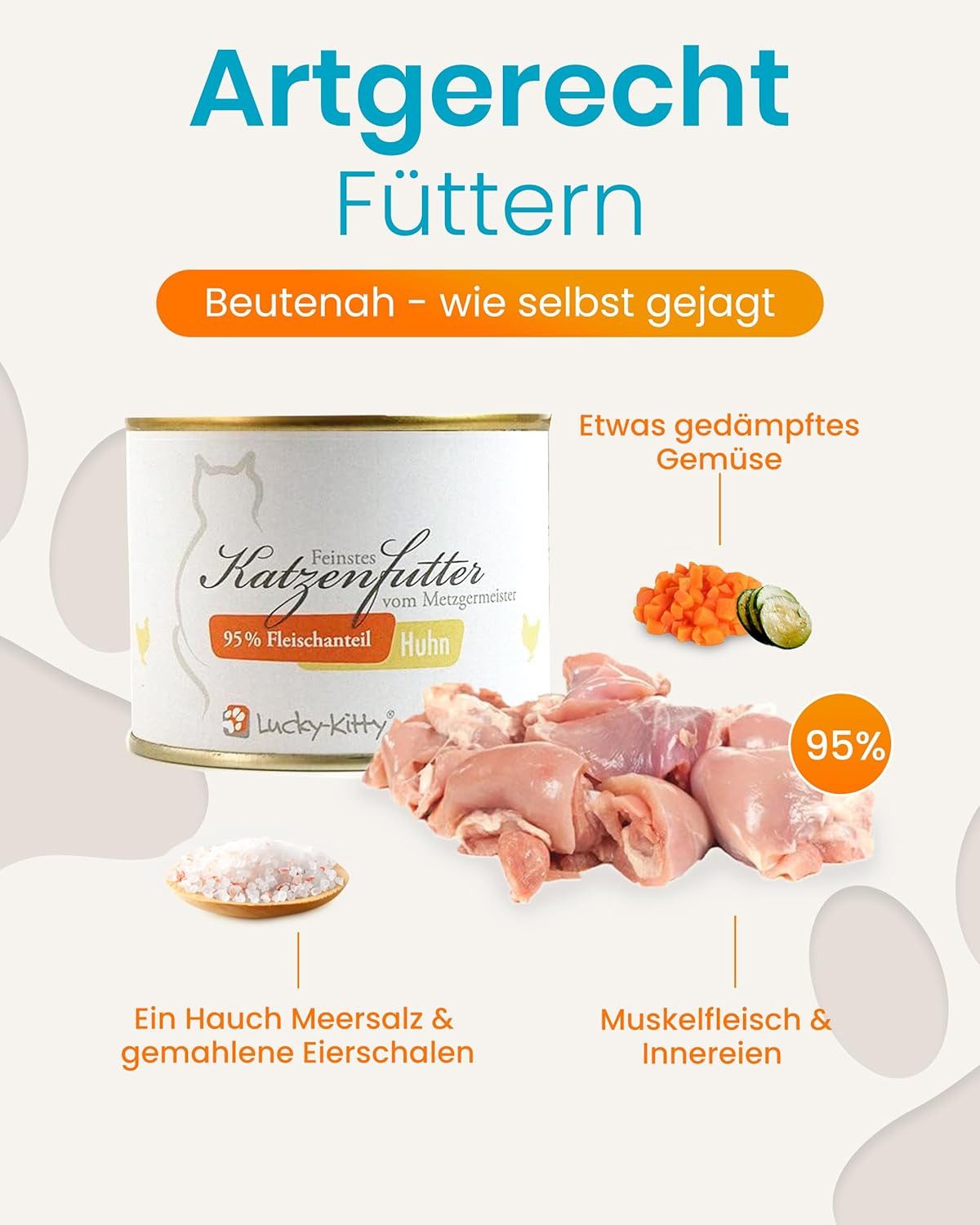 Lucky-Kitty Katzenfutter Huhn, 95% Fleischanteil, getreidefrei, hypoallergen 4x200g, Nassfutter für: Katzen, frisches Hühhnerfleisch in Metzgerqualität, zuckerfrei, Monoprotein