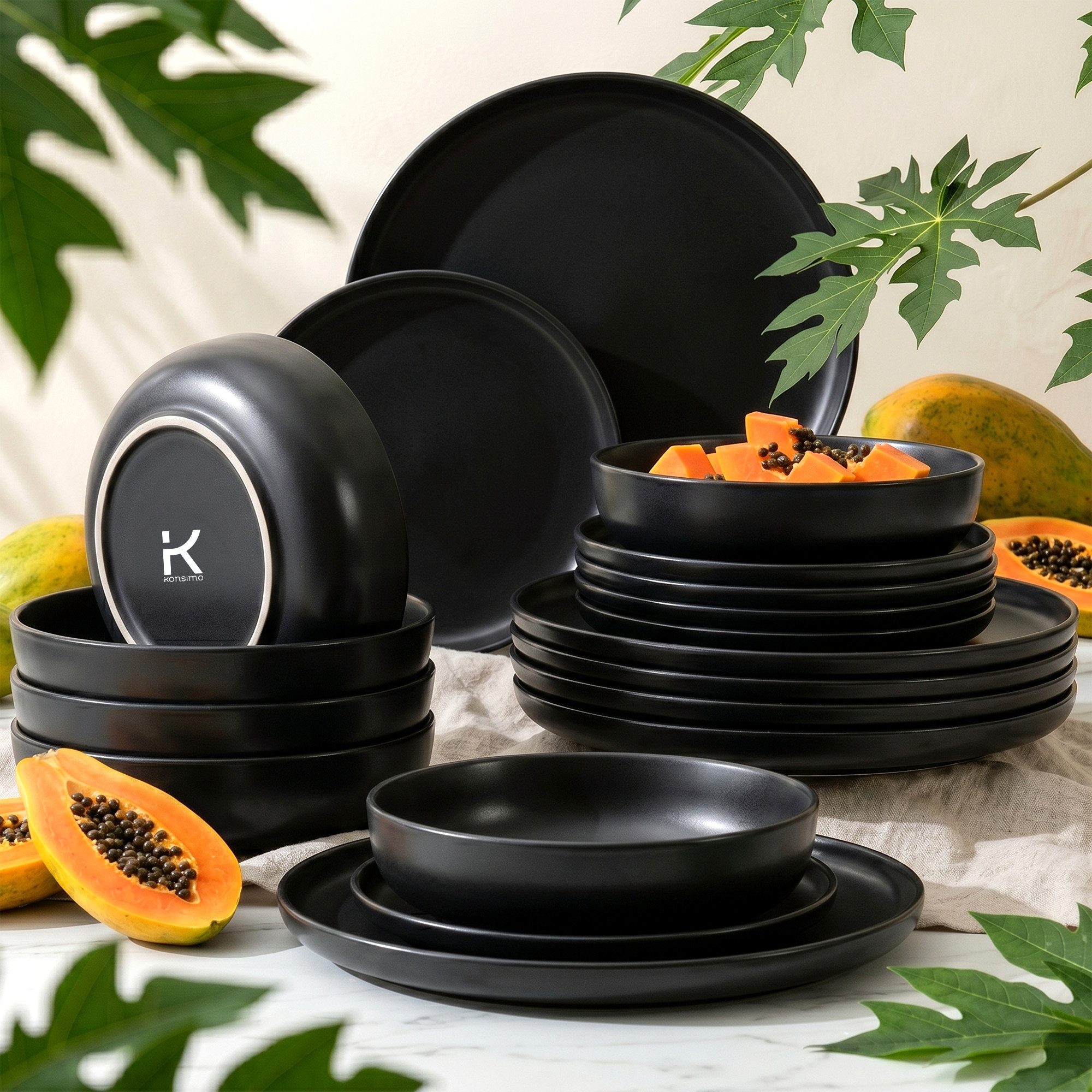 KONSIMO® Tafelservice VICTO Geschirrset hergestellt in der EU (18-tlg), 6 Personen, Steingut, spülmaschinengeeignet, mikrowellengeeignet, matt, rund