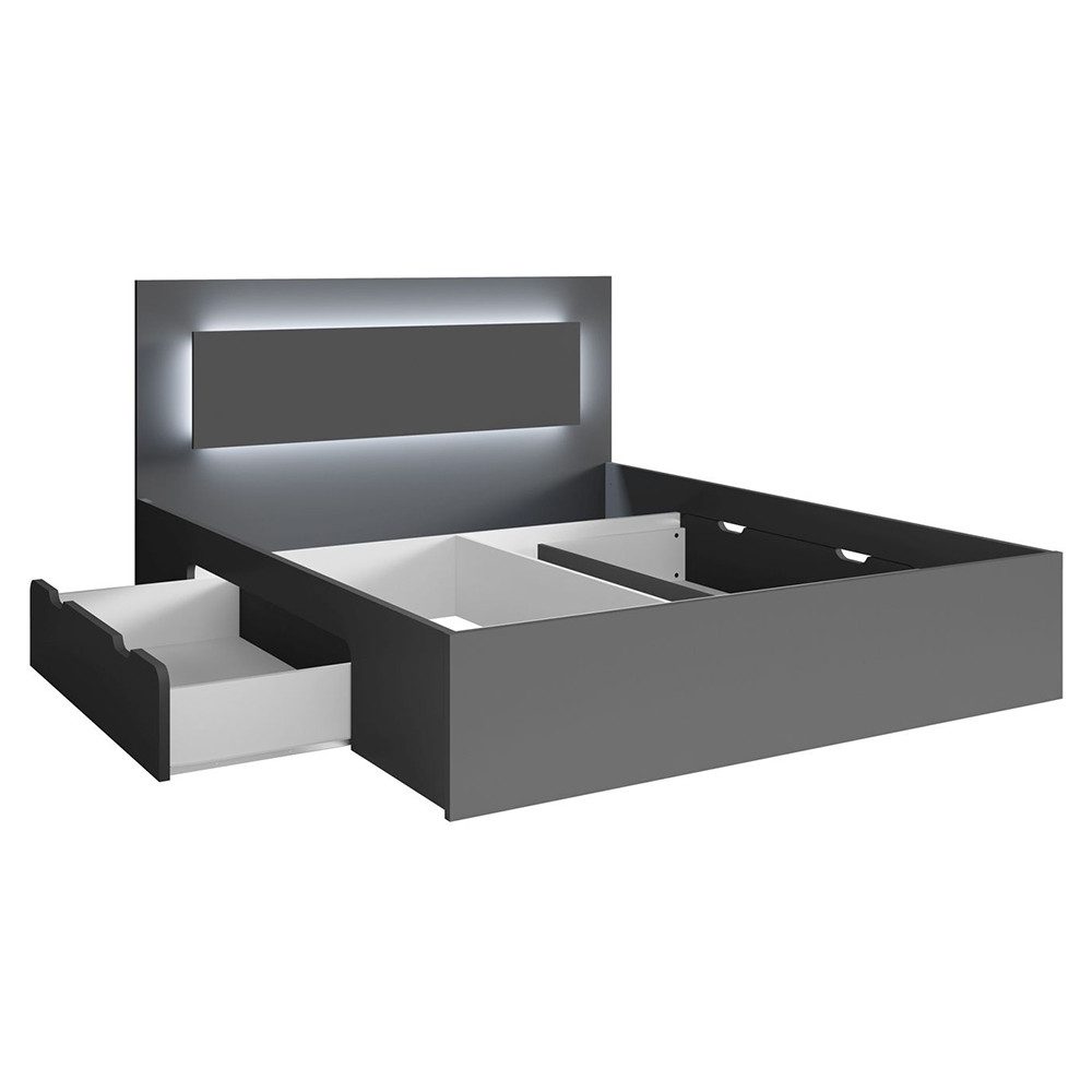 Lomadox Bettgestell FAIDO-166, Bett 140x200, 2 Bettschubladen, graphit, Kopfteil mit LED-Beleuchtung