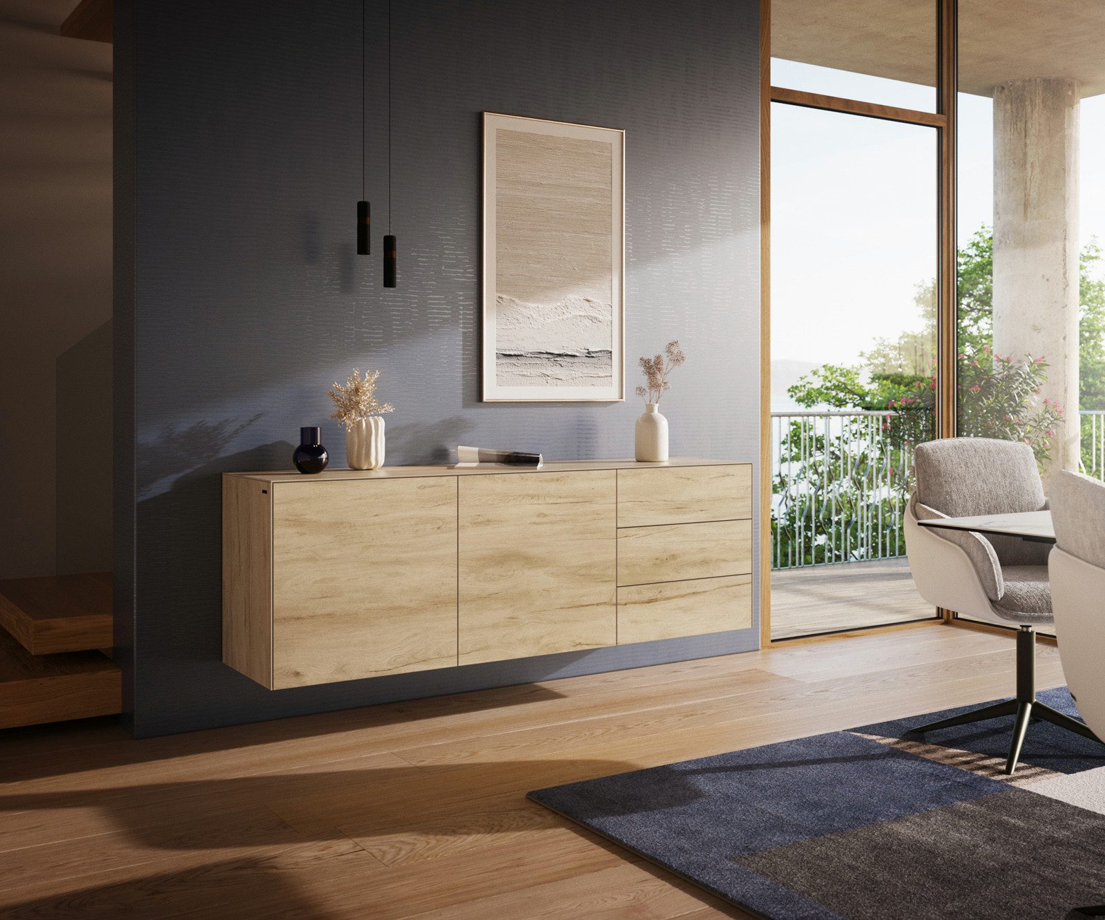 DELIFE Sideboard Cuor, Keramik Laminam® Sabbia Eichefarbig 180 cm 2 Türen 3 Schubfächer Schwe