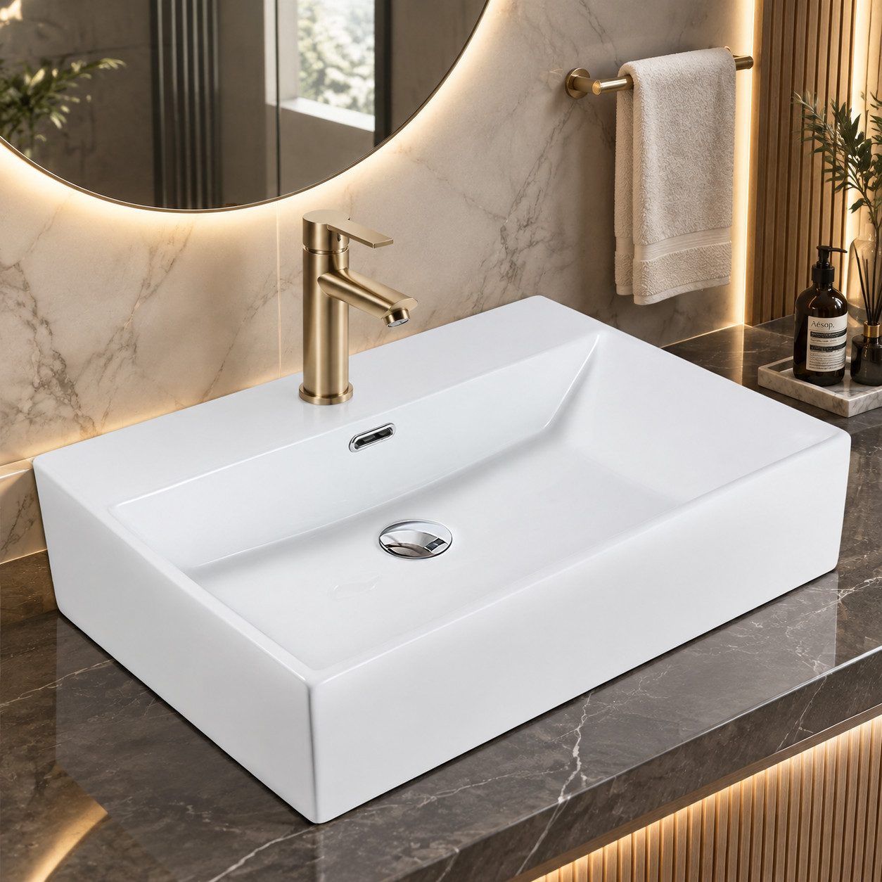 Ledklang Waschbecken Aufsatzwaschbecken Keramik eckig 51/60cm klein Waschschale Badezimmer, kleine Waschschale platzsparend für Badezimmer