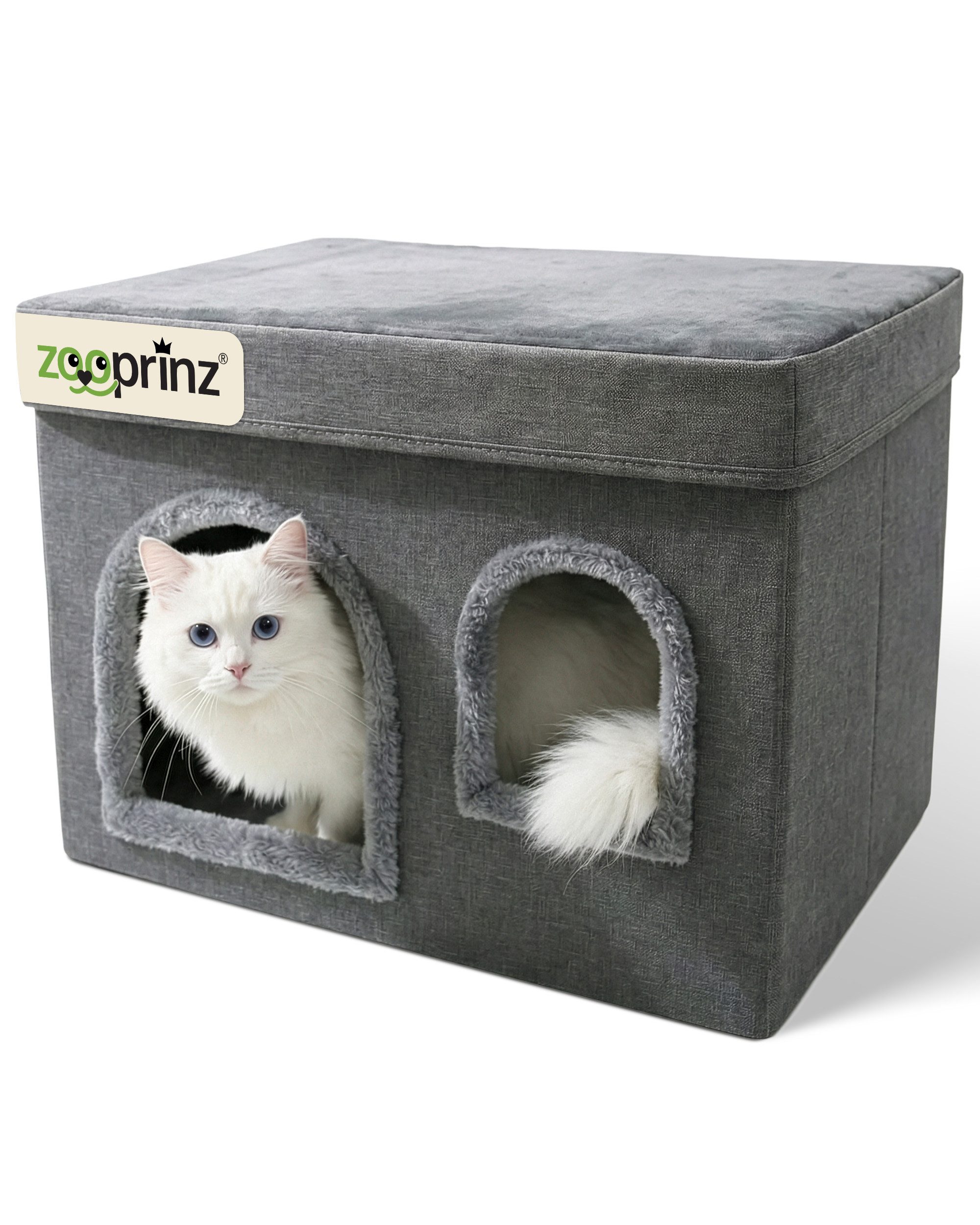 Zooprinz Katzenhaus Katzenhöhle Sammy, Fenster und Wendekissen, faltbar, stabil, 49 × 36,5 × 37 cm, Anti-Rutsch-Boden, Leinenstoff, Grau