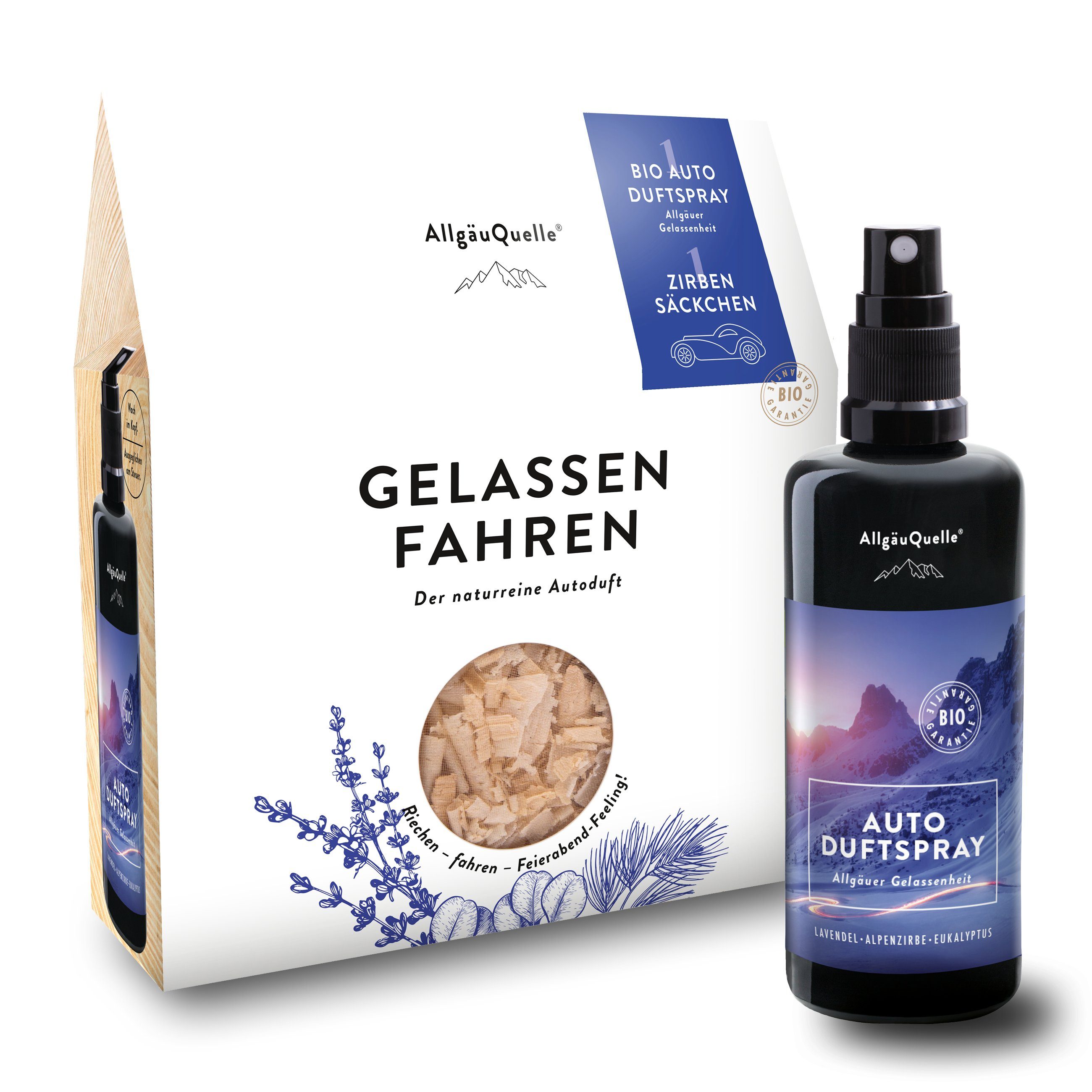 Allgäuquelle Raumduft BIO Auto Duftspray Set Gelassenheit (1 x 100ml + Zirben-Säckchen), mit 1 x 100ml Lavendel, Alpenzirbe und Eukalyptus + Zirben-Säckchen