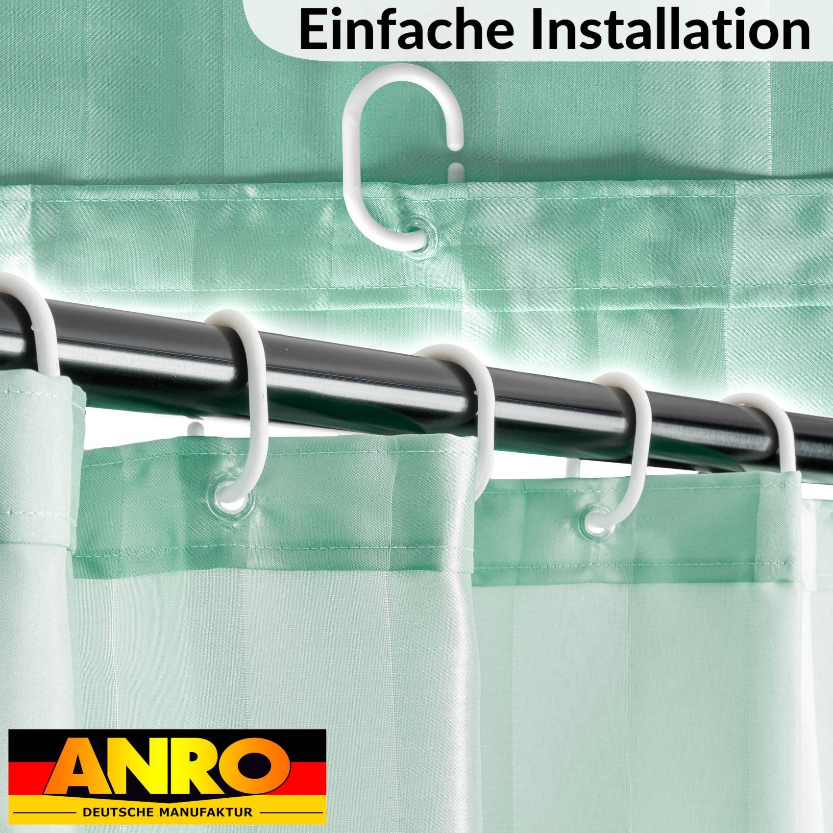 ANRO Duschvorhang aus Italien hochwertiger Badevorhang Textil mit Ösen und Haken Breite 120 cm (Packung, 1-tlg., Duschvorhang inkl. Aufhängeringe), robuster Vorhang für Stangenaufhängung in Größe 200x120cm in grün