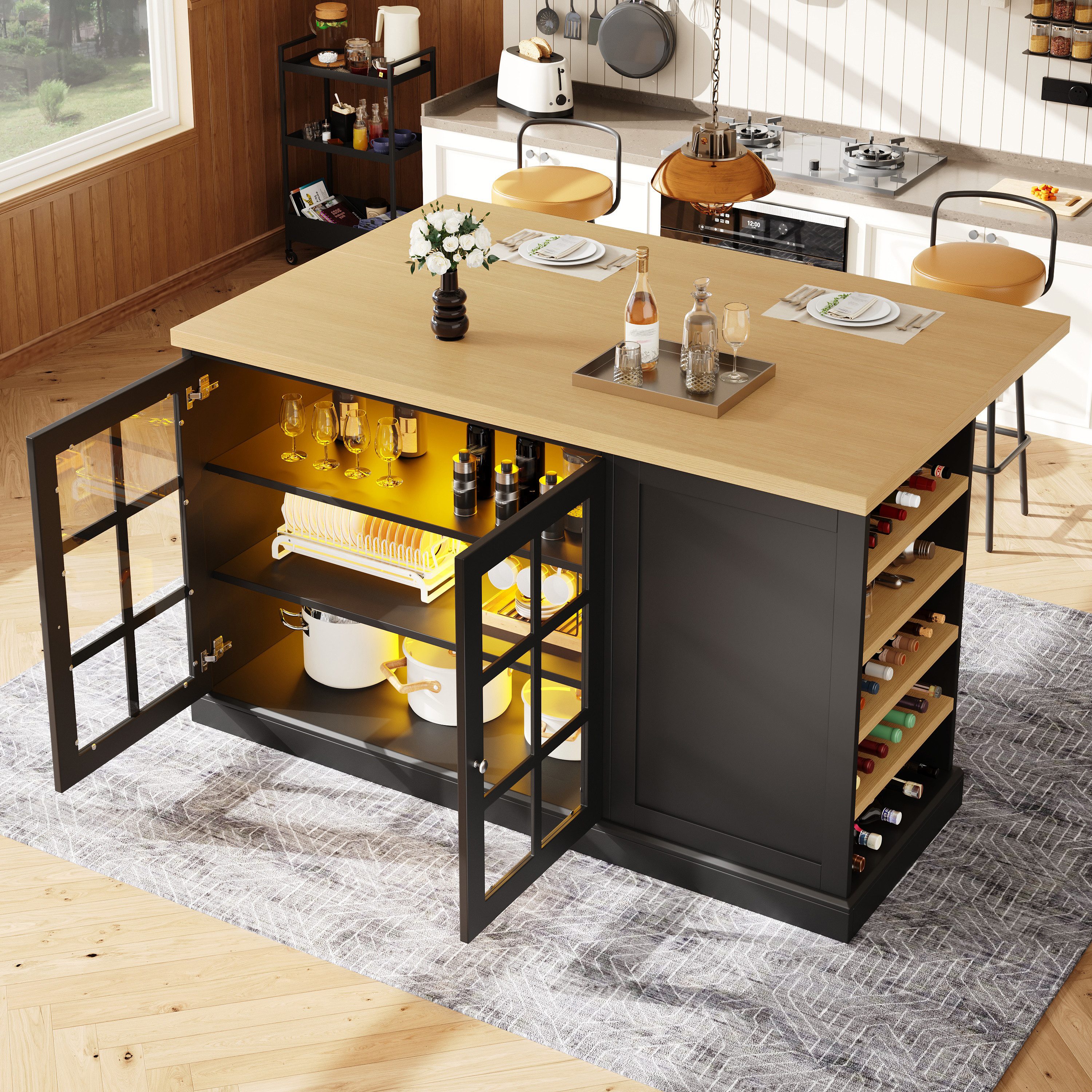 HAUSS SPOLE Kücheninsel mit Weinregal & LED-Licht,Küchenschrank Bartisch für kleine Wohnungen, (Klappbar mit integriertem Stauraum- und Beleuchtungssystem), Wohnzimmerschrank mit USB-Betrieb