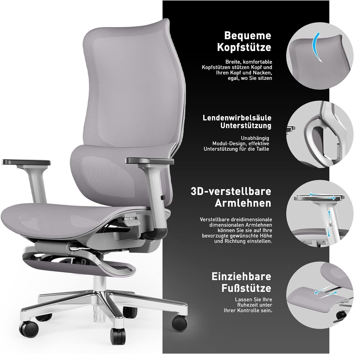 JOYFLY Bürostuhl mit verstellbarem Sitz), Ergonomisch, Bürostuhl Schreibtischstuhl ergonomisch: (Bürostuhl Büro-Liegestuhl Bürostuhl Fußstütze, mit