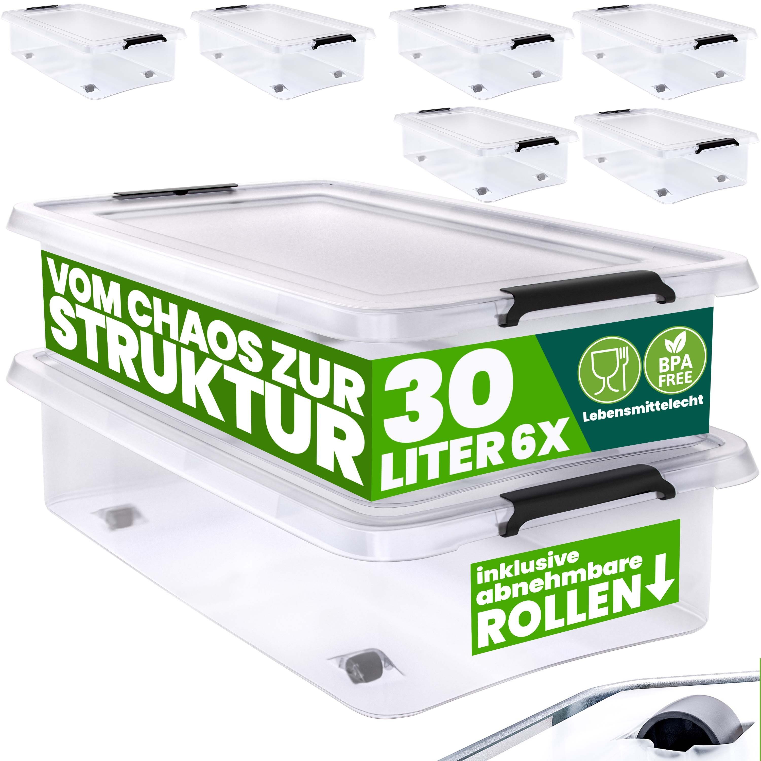 Deuba Aufbewahrungsbox (6 St), 30L Deckel stapelbar Rollen Kunststoff BPA frei Rollbox Kunststoffbox