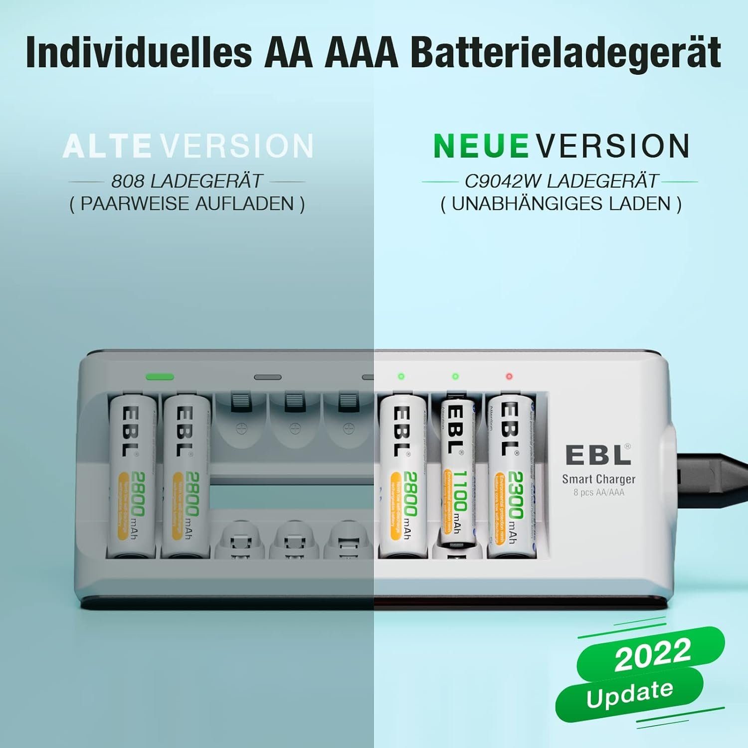 EBL Akku Ladegerät mit NI-MH + AAA AA (1-tlg., NI-Cd) für Batterien AA Akku 4 4 wiederaufladbare Akku-Ladestation AAA Akku