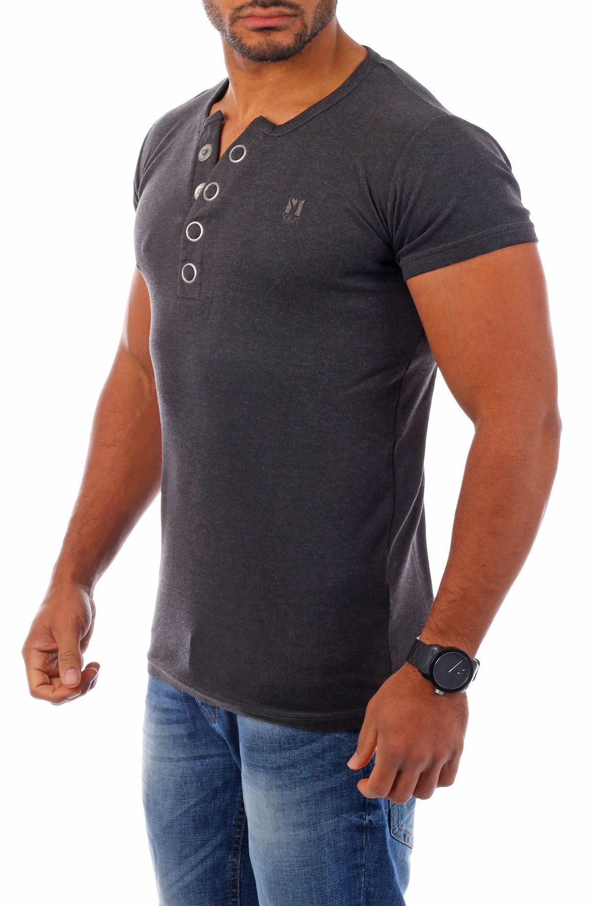 Young & Rich T-Shirt Herren basic fein gerippt mit trendigen extra großen Knöpfen 1872 mit Knopfleiste unifarben kurzarm slim fit