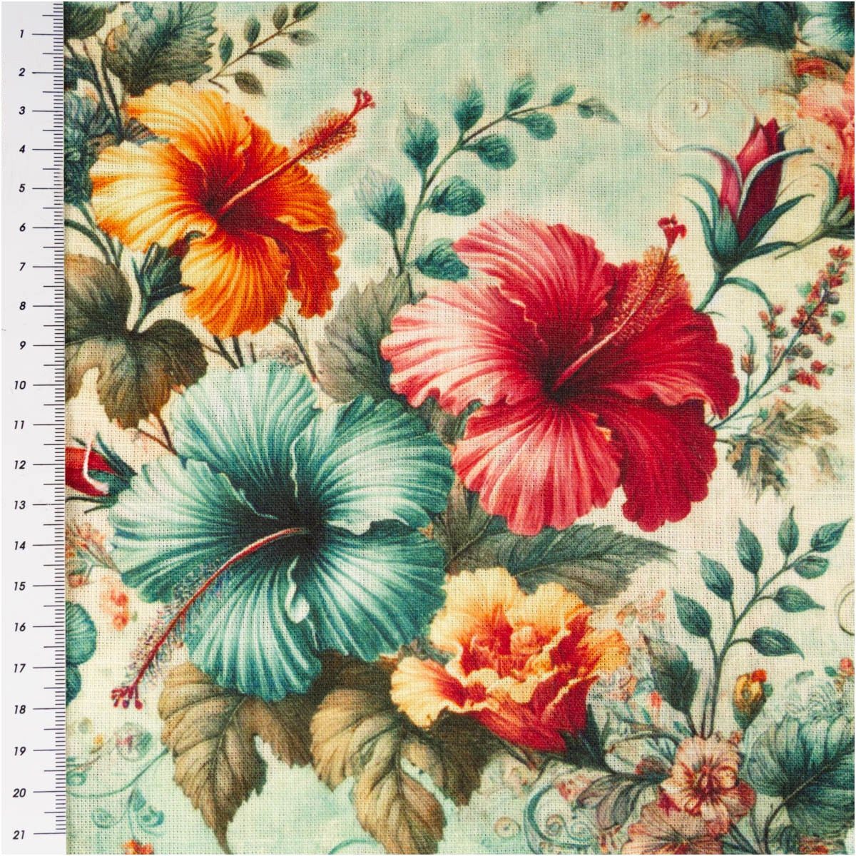 SCHÖNER LEBEN. Stoff Viskose Meterware 42% Leinenanteil Hibiskusblüten pink, türkis, 143cm, pflegeleicht,Digitaldruck – Bild 3 von 5