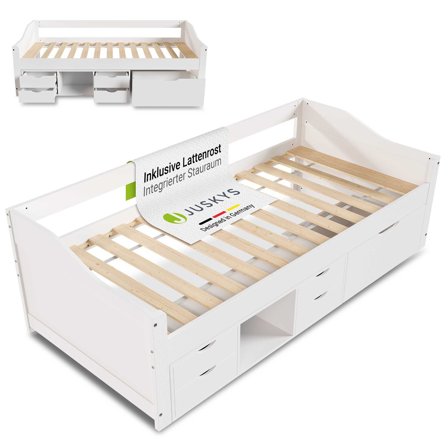 Juskys Stauraumbett Nalu, 90x200 cm Funktionsbett mit Lattenrost & Schublad günstig online kaufen