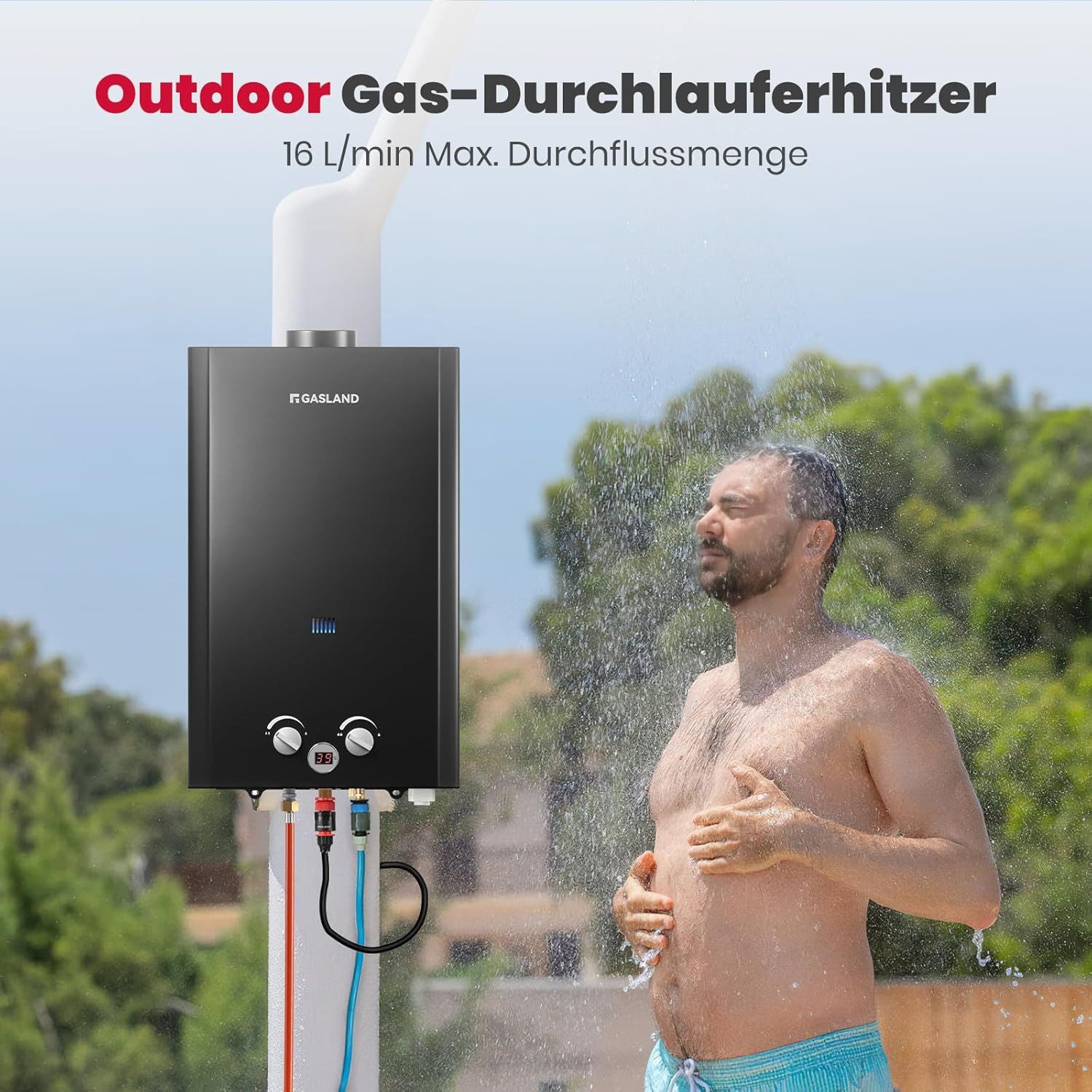 GASLAND Durchlauferhitzer Gas Durchlauferhitzer BE422B Outdoor 16L Warmwasserbereiter, LPG Dusche für Camping/Wohnmobil/Scheune – Butan/Propan 50 mbar
