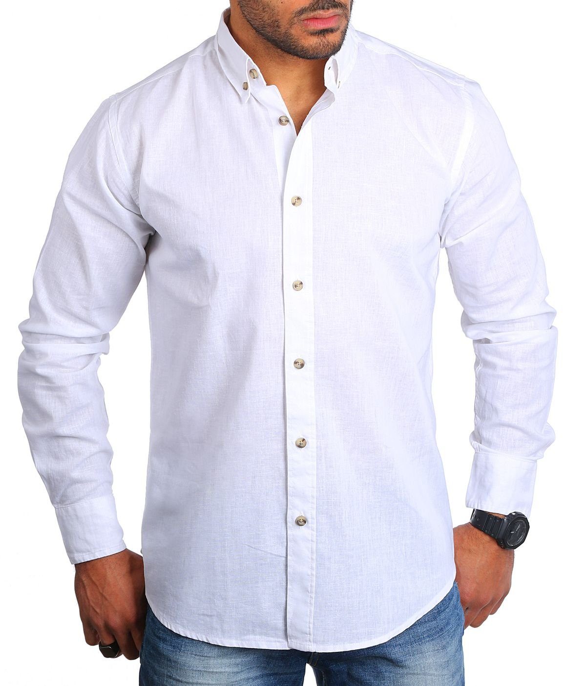 Herren Weiß Mix Uni 8529 Regular Langarmhemd Leinen Button-Down-Kragen CARISMA Langarm Baumwoll Casual Hemd